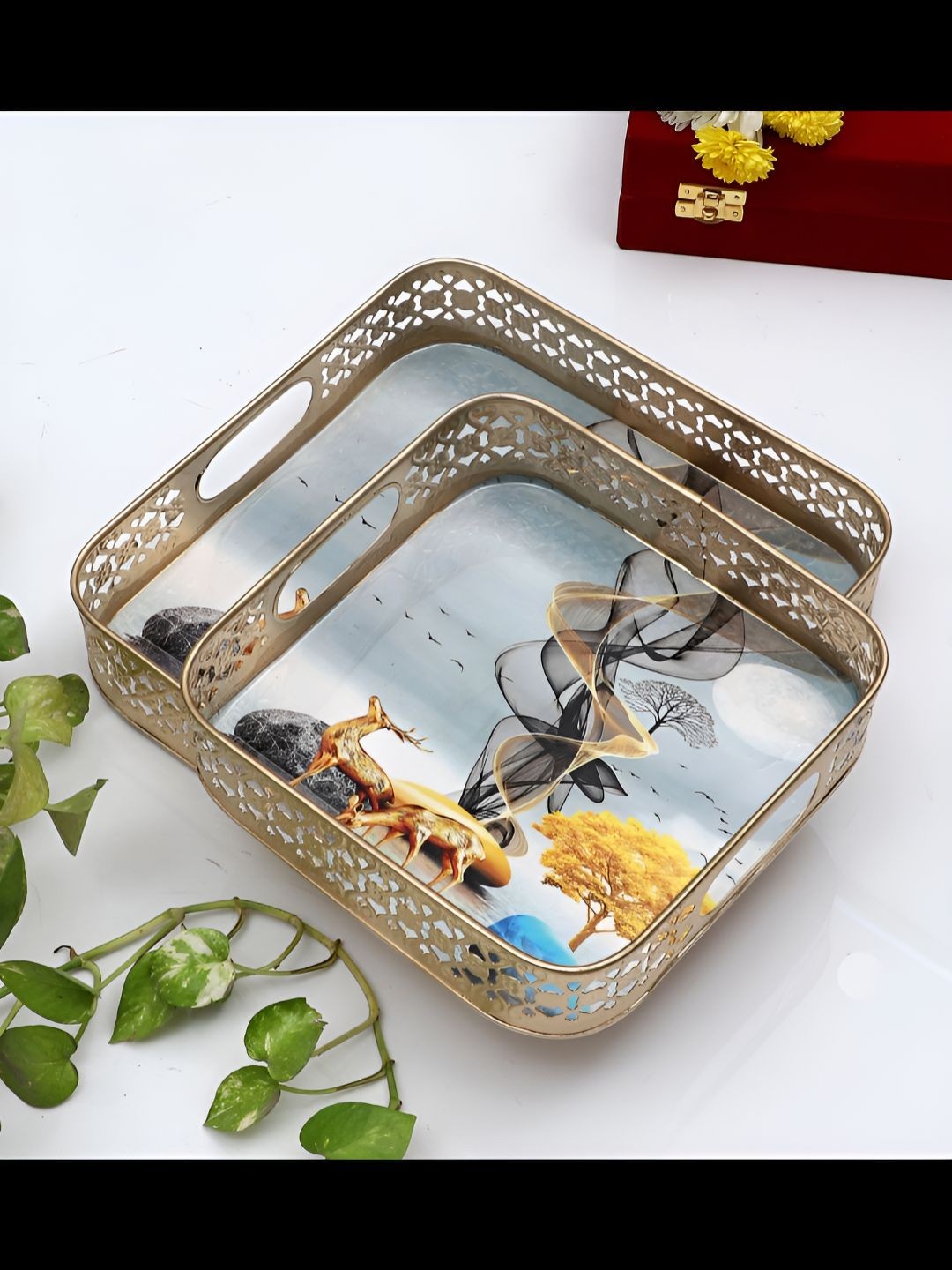 

Amaya Decors Gold-Toned & Blue 2 Pieces Gold Deer Printed Square Metal Serving Tray