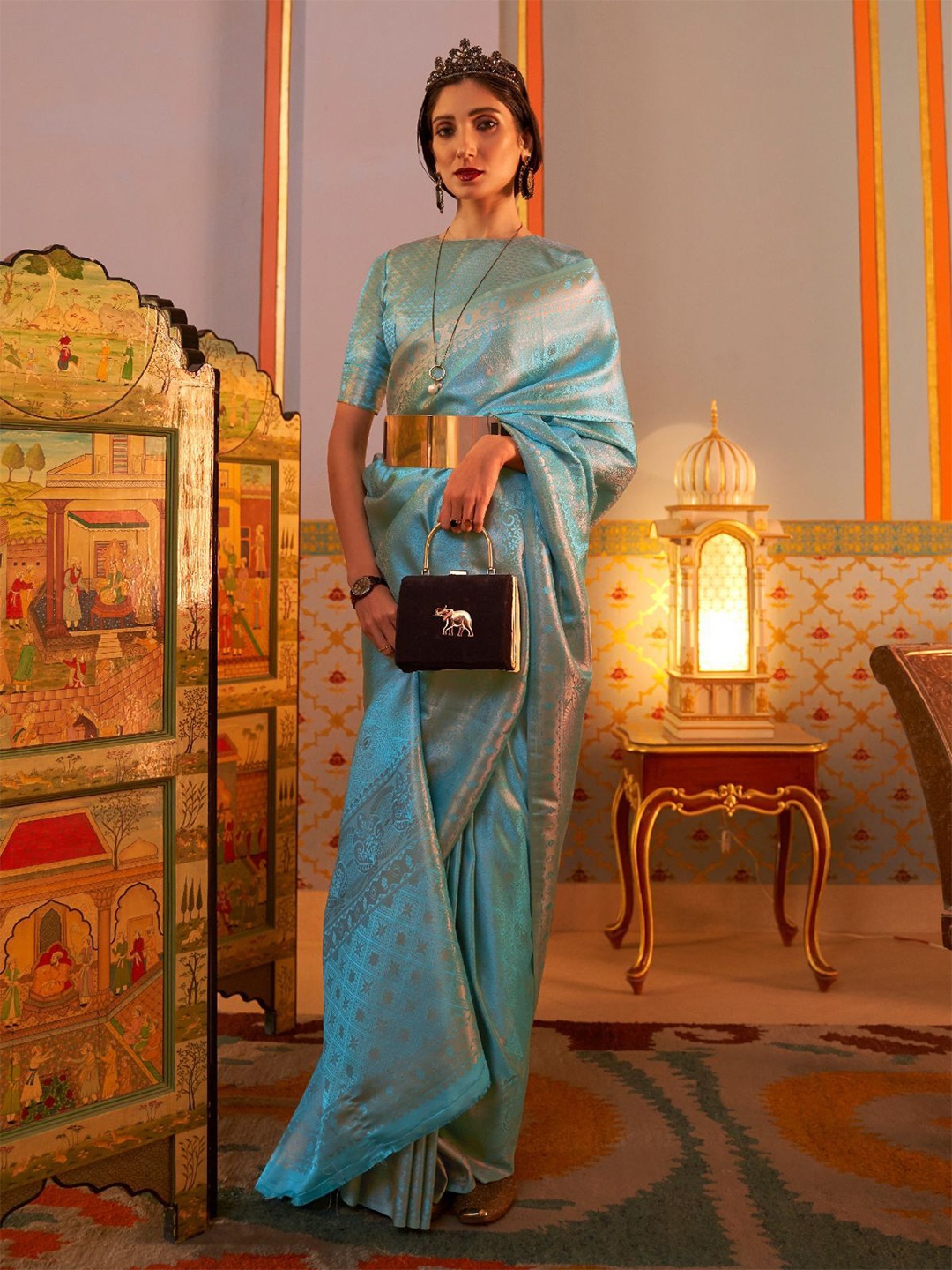 

ODETTE Ethnic Motifs Woven Design Zari Saree, Blue