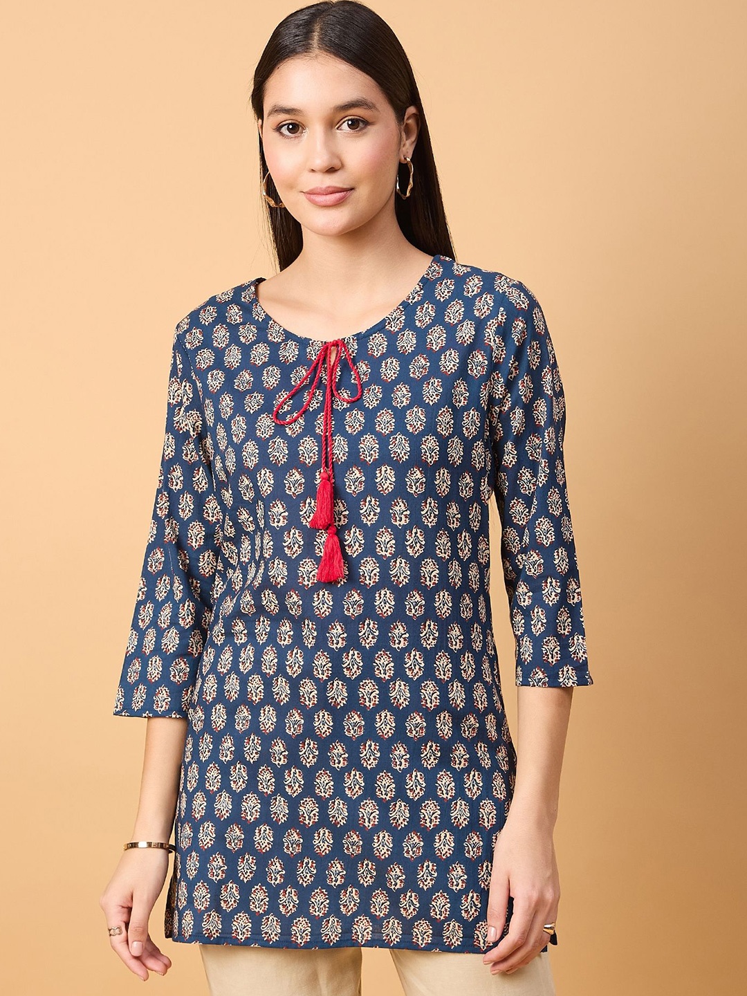 

NEESH Women Ethnic Motifs Printed Tie-Up Neck Top, Navy blue