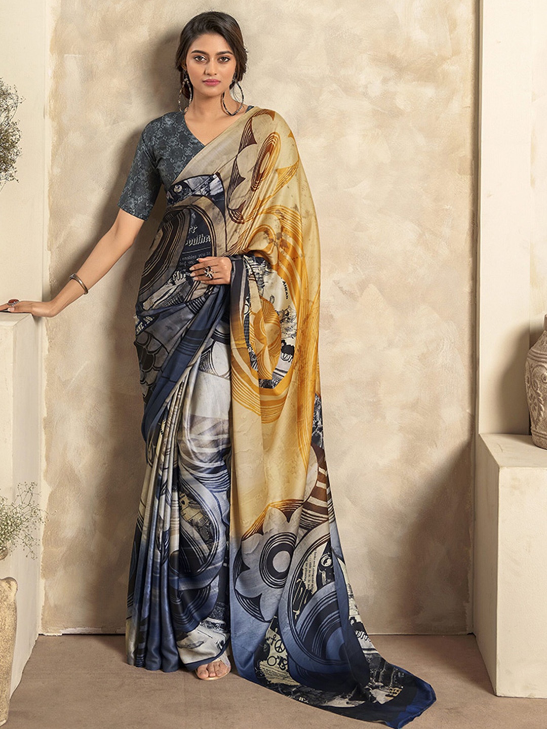 

DIVASTRI Floral Printed Satin Designer Saree, Blue