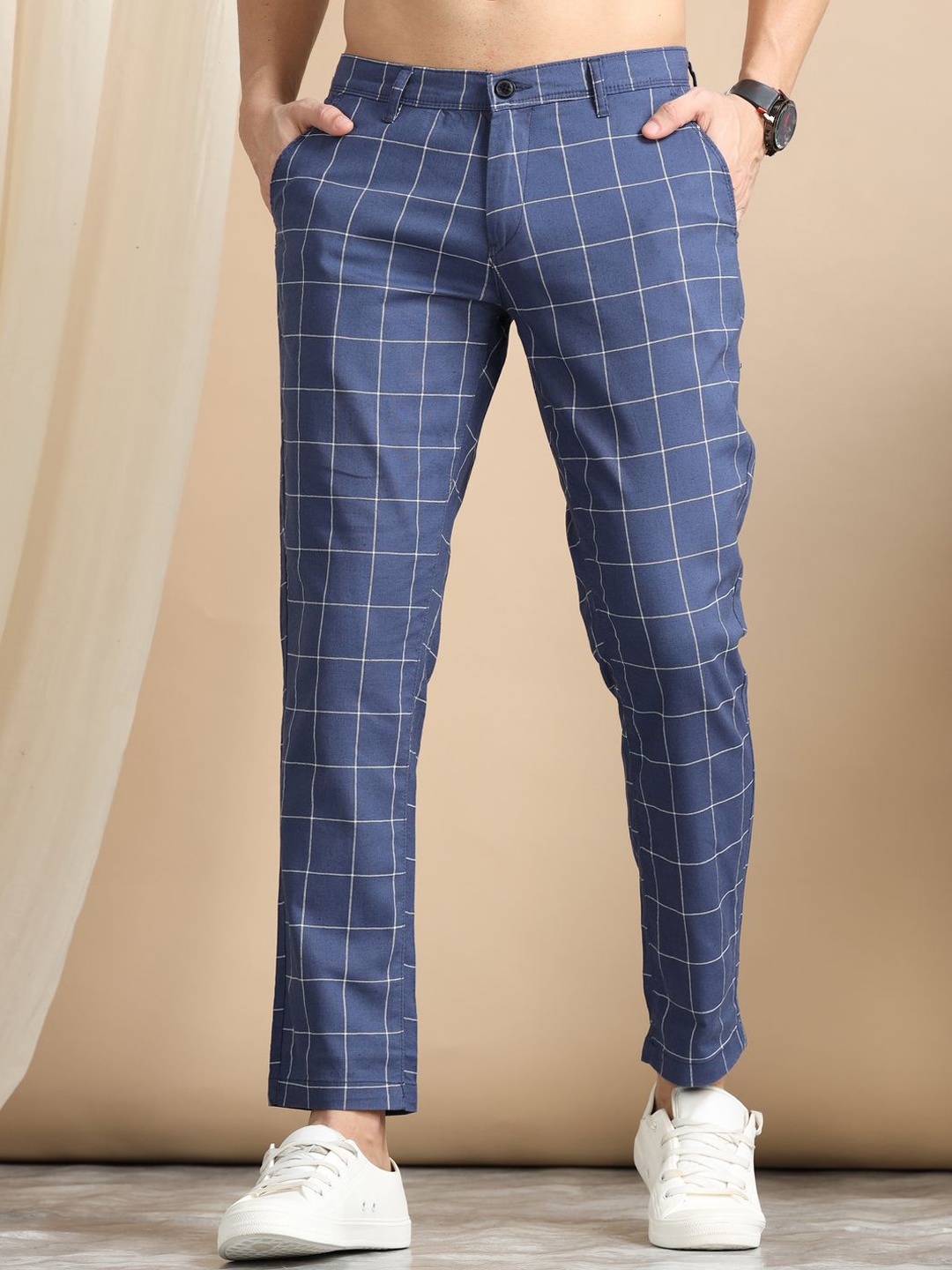 

Dogi Verg Men Checked Tailored Slim Fit Chinos Trousers, Blue