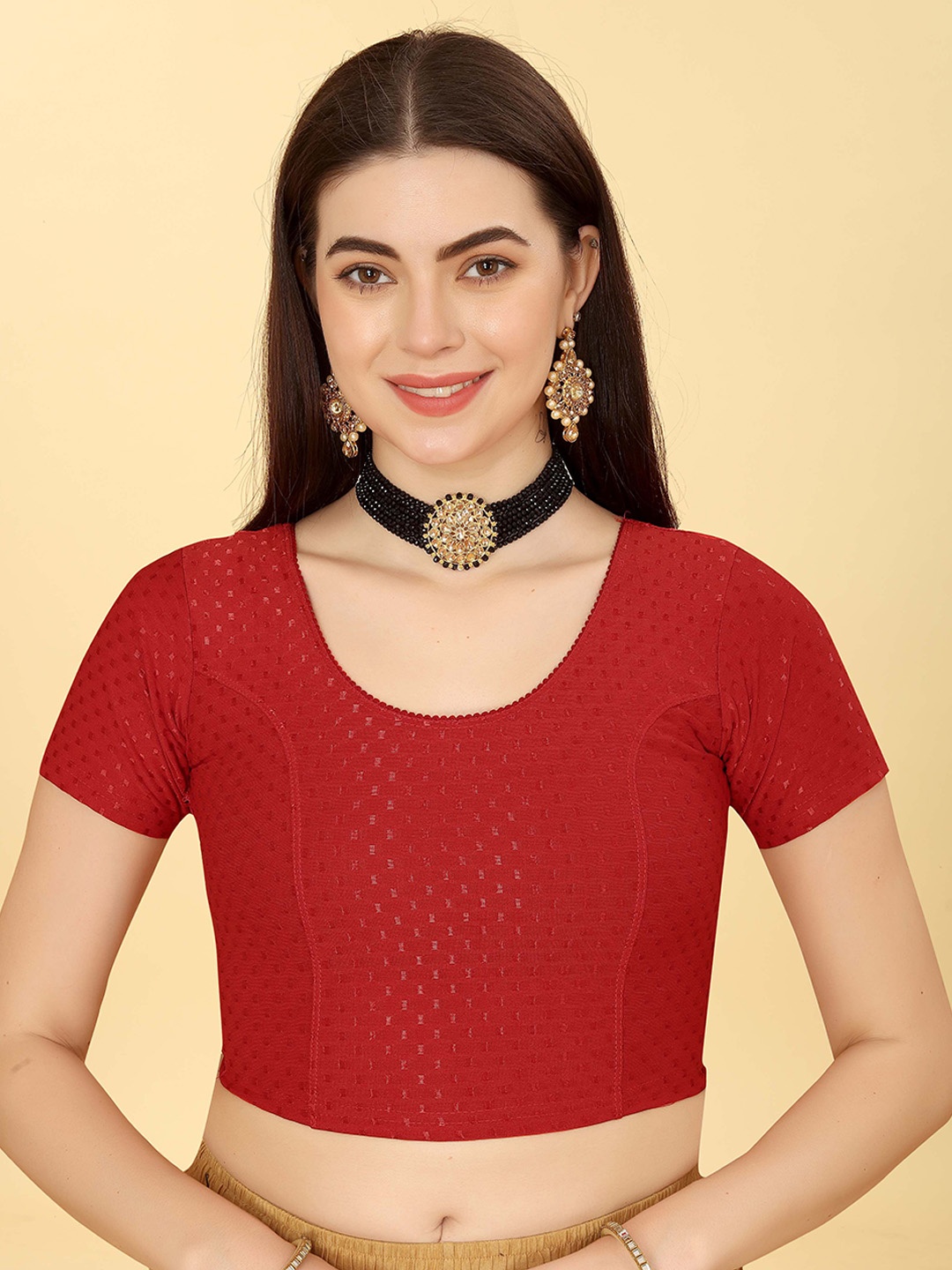 

Krimmple Women Woven Design Round Neck Saree Blouse, Red