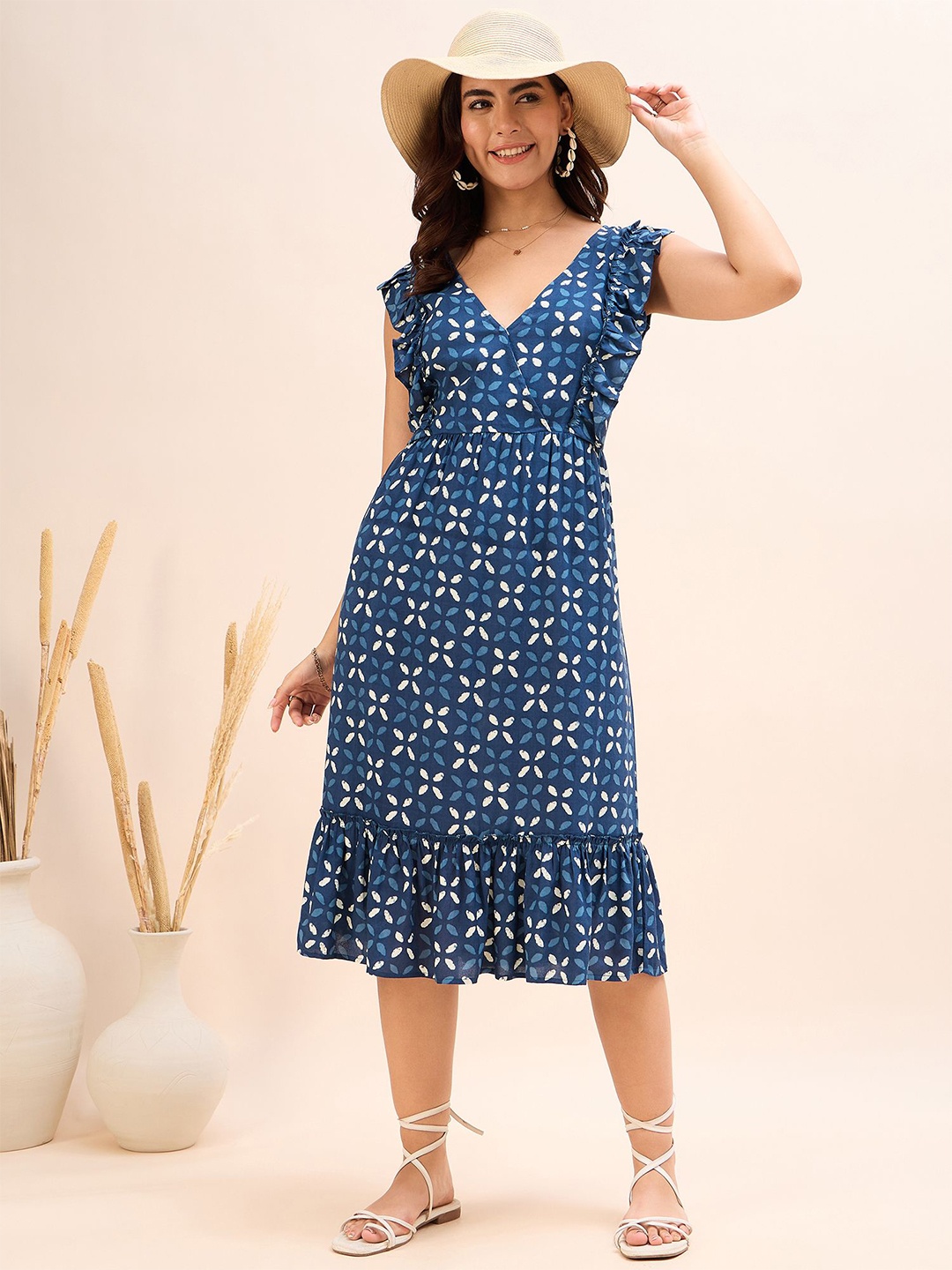 

DressBerry Abstract Printed A-Line Midi Dress, Blue