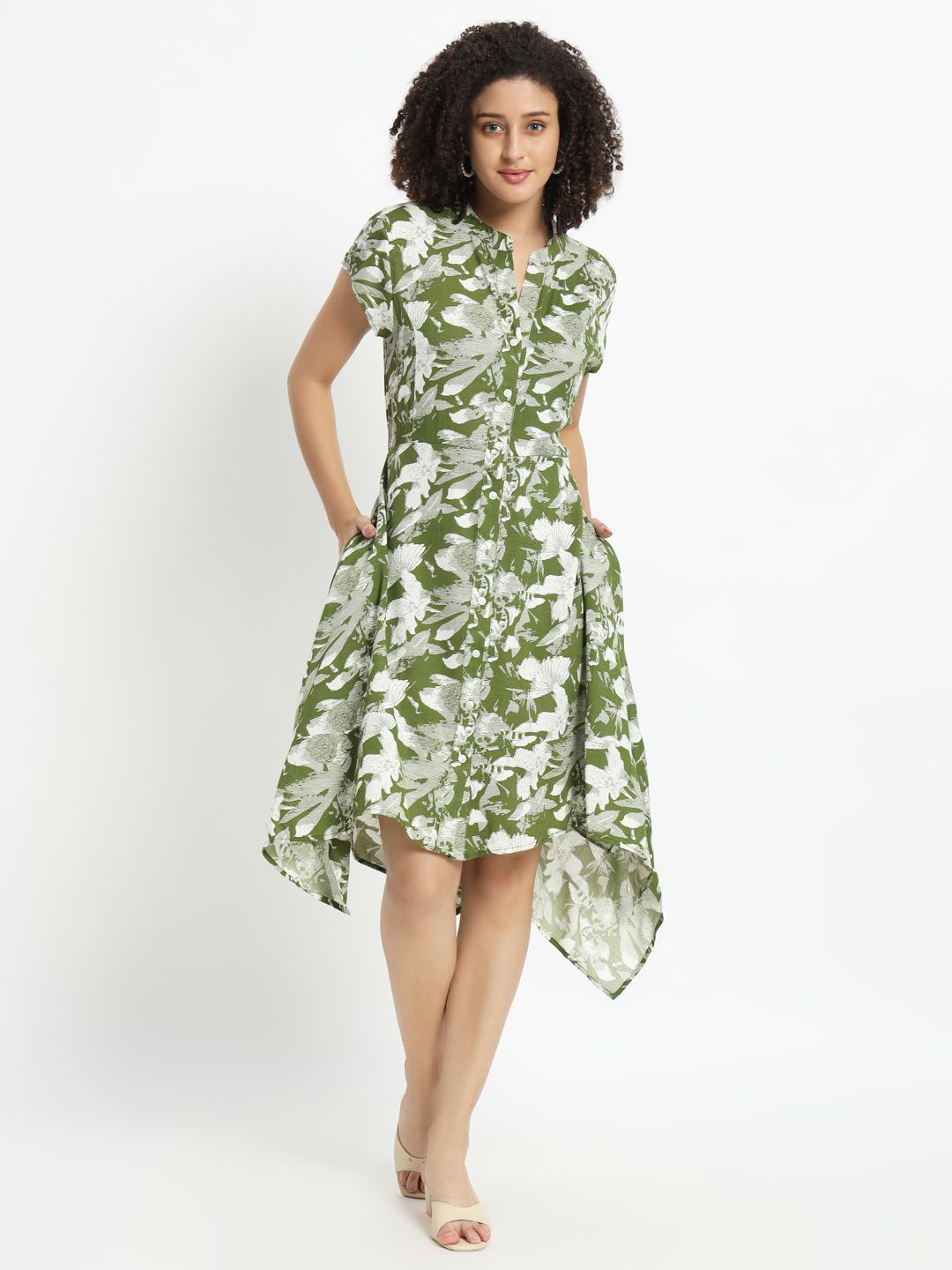 

VELDRESS Women Floral Printed Above Knee Shirt Dress, Green