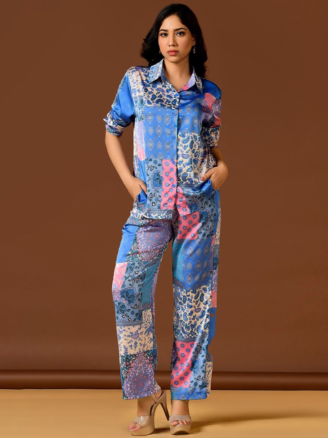 

Unityshop Women Printed Shirt With Trousers Co-Ords Sets, Blue