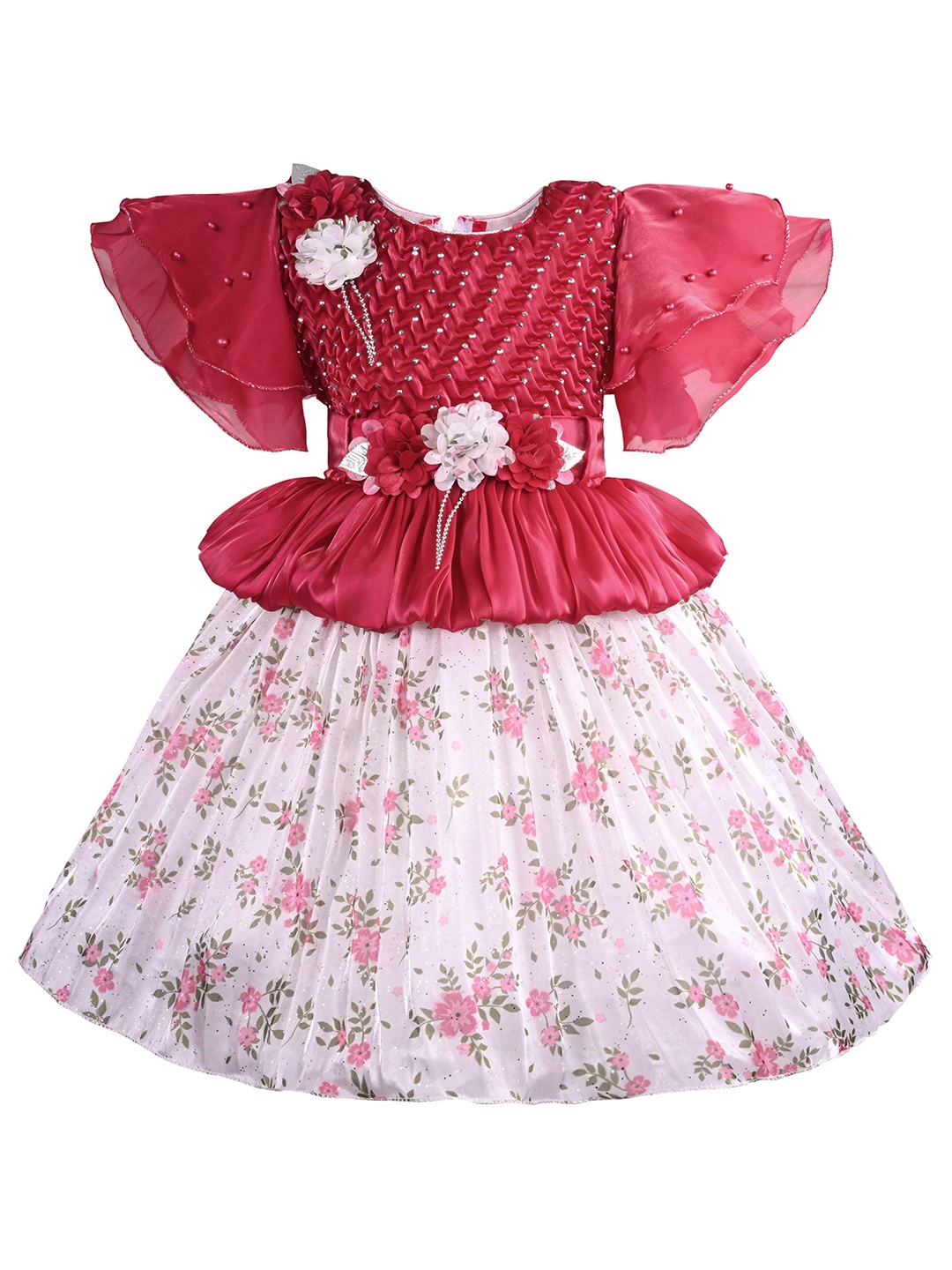 

Wish Karo Girls Floral Printed Cape Sleeve Fit & Flare Dress, Red