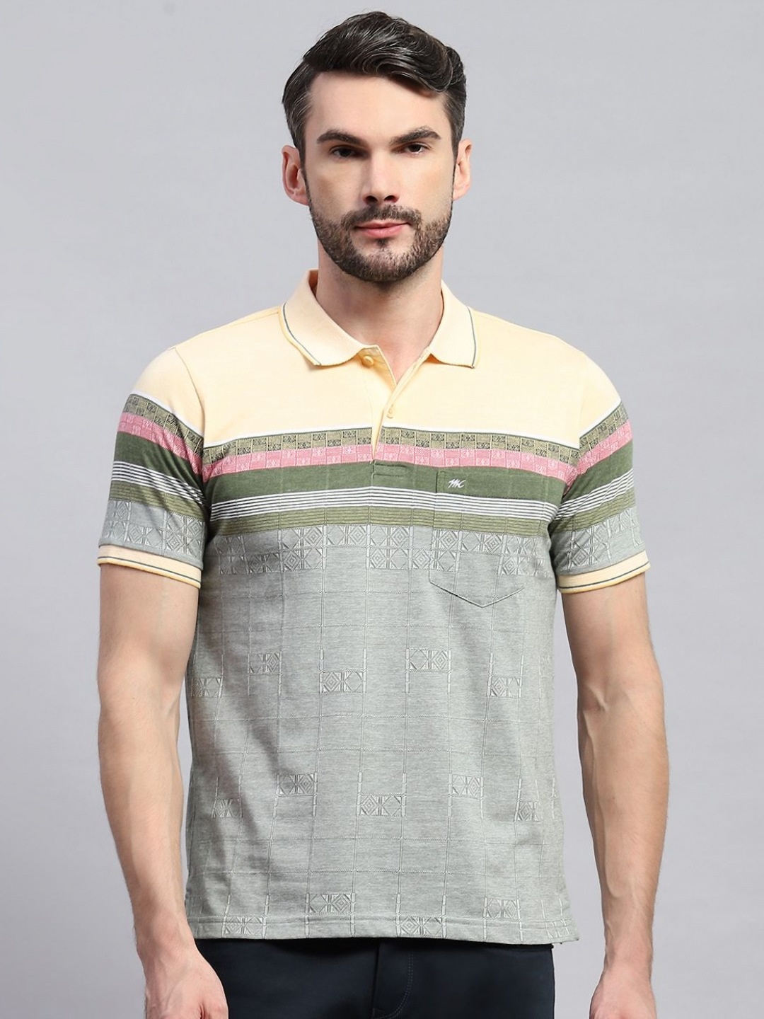 

Monte Carlo Men Striped Polo Collar Cotton T-shirt, Grey