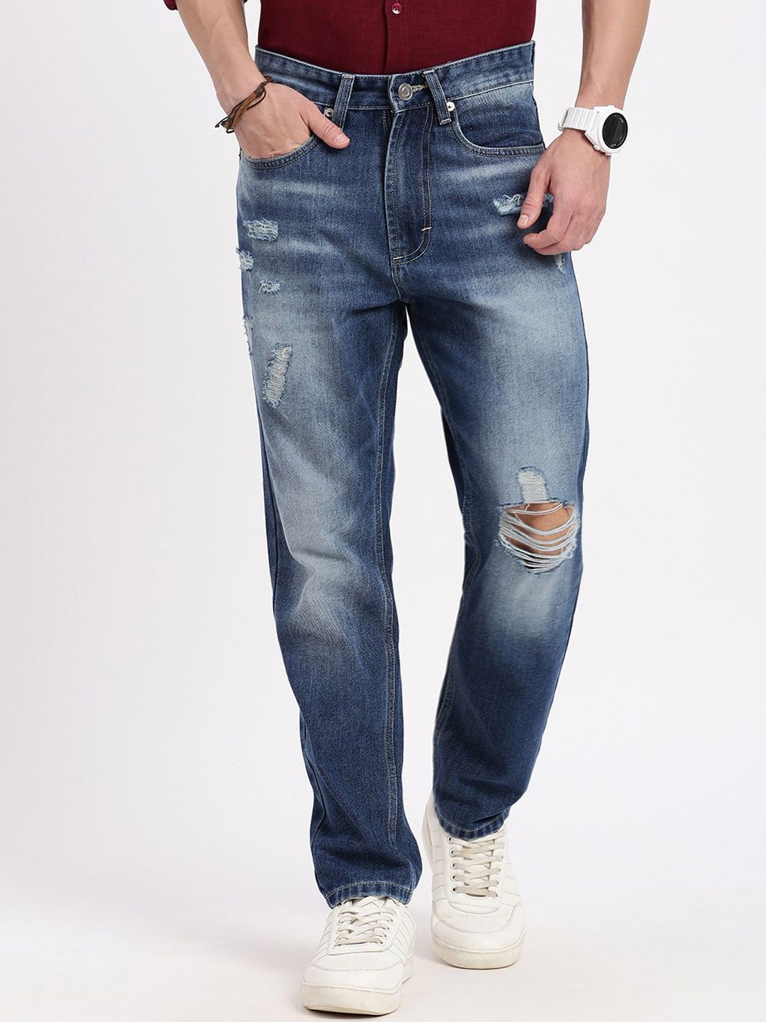 

SHOWOFF Men Comfort Low-Rise Slash Knee Heavy Fade Acid Wash Jeans, Blue