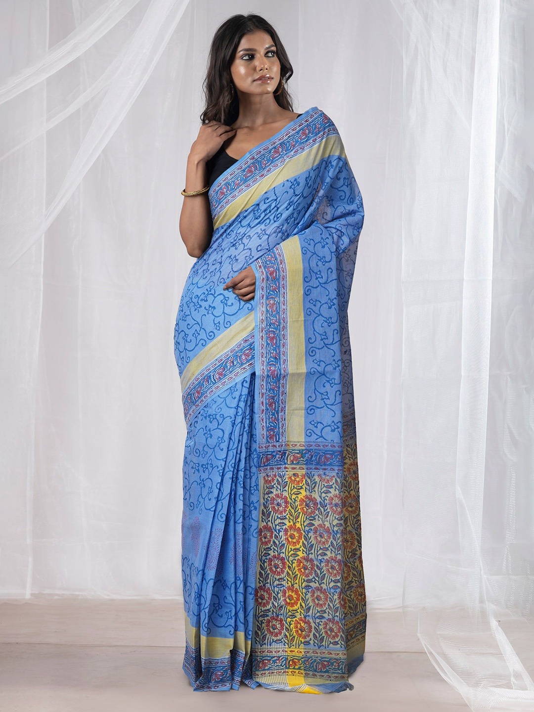 

Unnati Silks Ethnic Motifs Pure Cotton Handloom Mangalagiri Saree, Blue