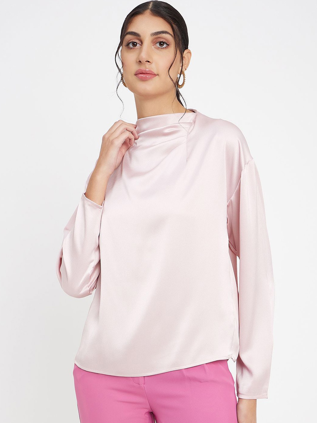 

Madame Women Solid High Neck Top, Pink