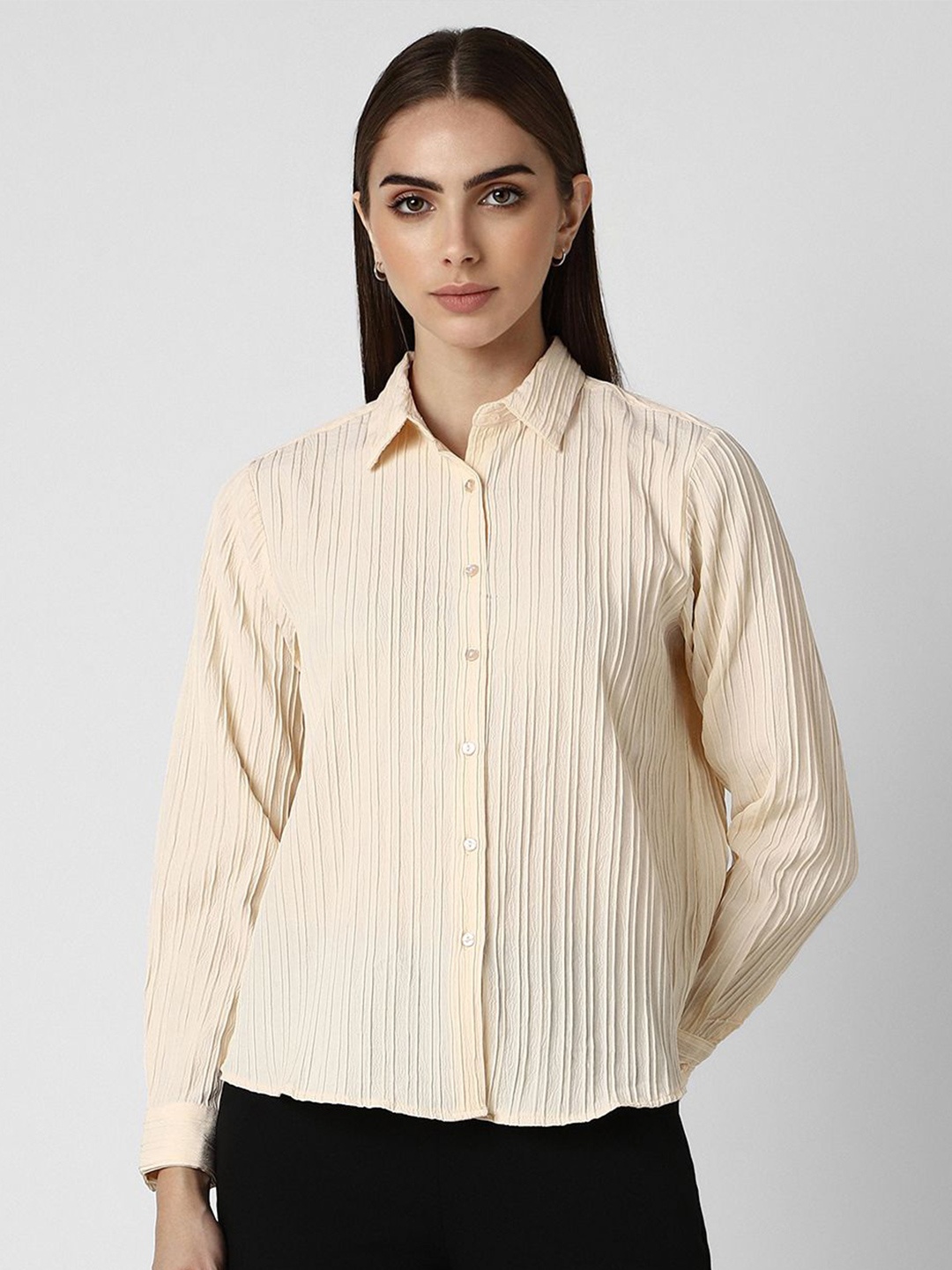 

Van Heusen Woman Spread Collar Solid Casual Shirt, Beige