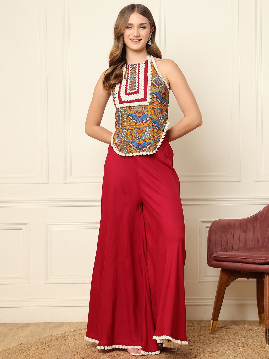 

DEEBACO Ethnic Printed Halter Neck Top With Palazzos, Maroon