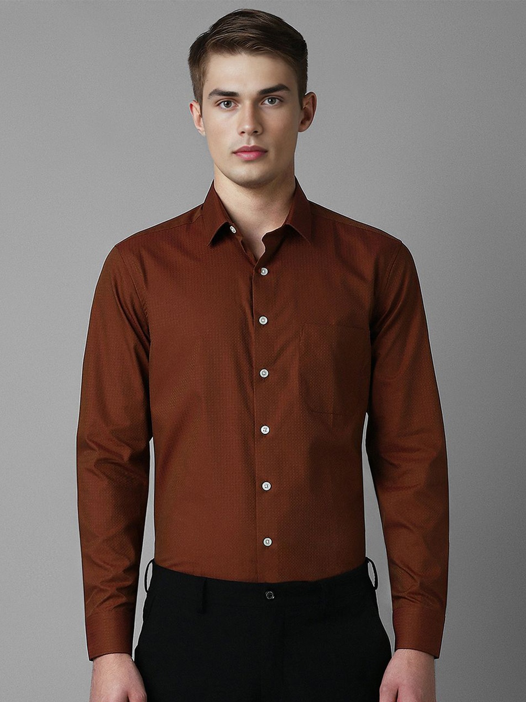 

Louis Philippe Men Spread Collar Solid Cotton Slim Fit Formal Shirt, Brown