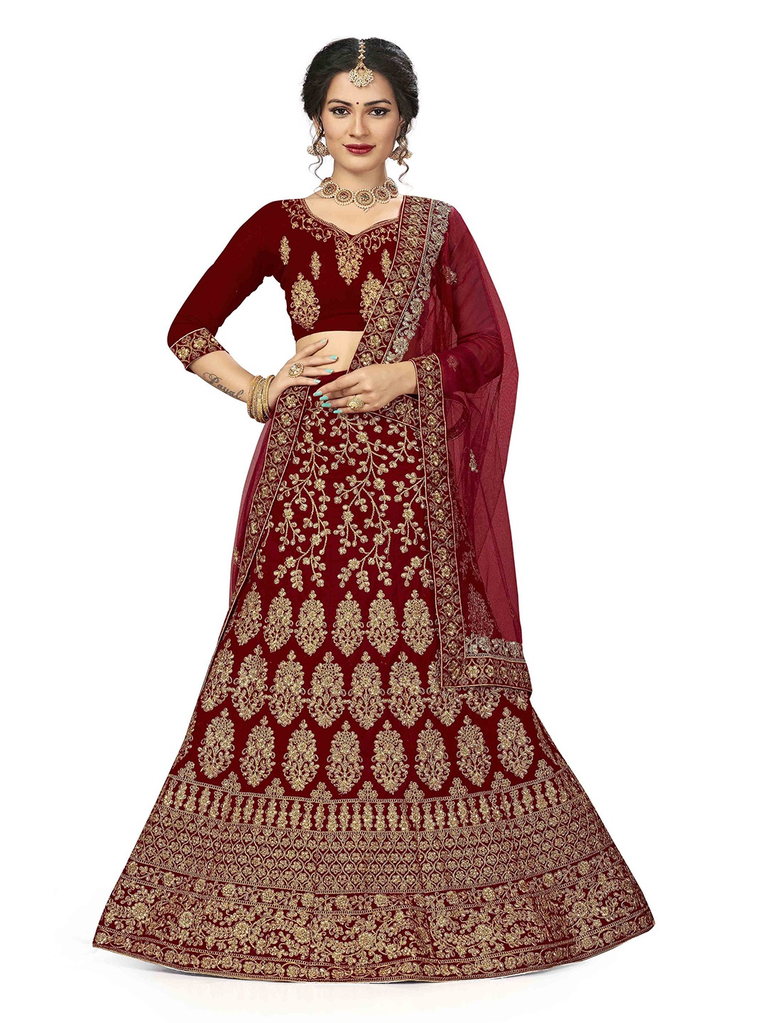 

Maroosh Embroidered Thread Work Unstitched Lehenga & Blouse With Dupatta, Maroon