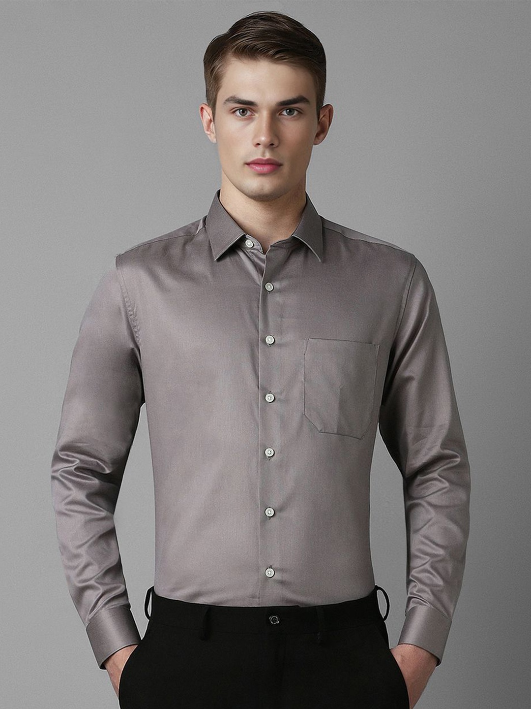 

Louis Philippe Men Spread Collar Solid Cotton Slim Fit Formal Shirt, Grey