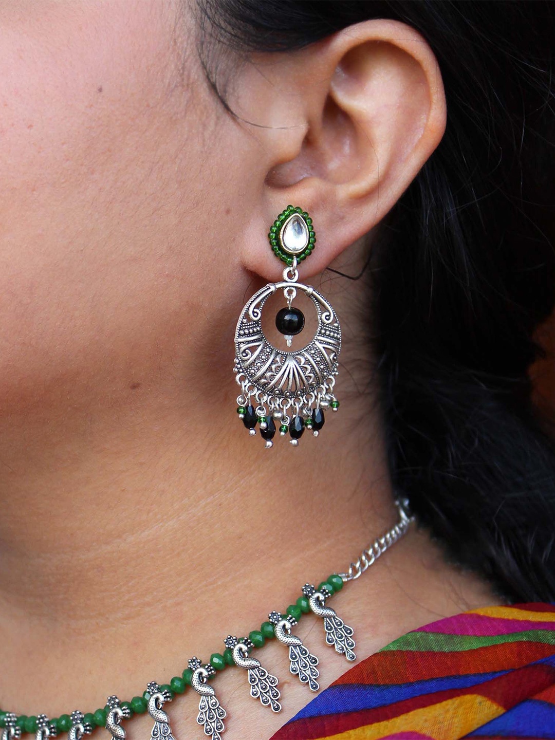 

BeAbhika Silver-Plated Pearls Beaded Contemporary Chandbalis