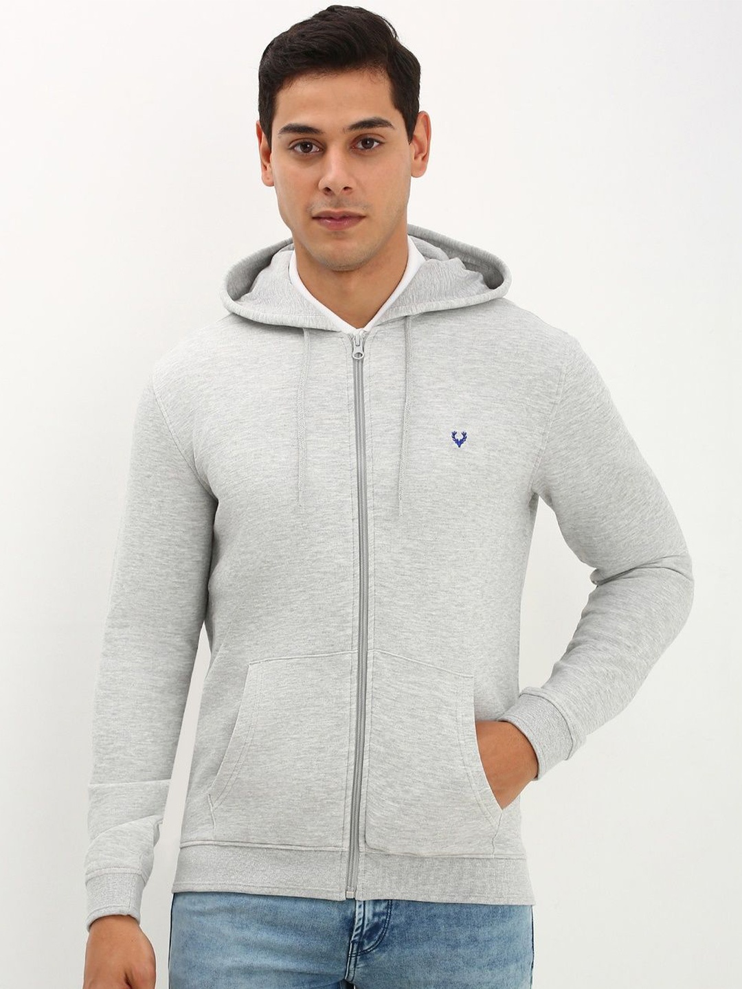 

Allen Solly Men Hooded Pure Cotton Front-Open Sweatshirt, Grey