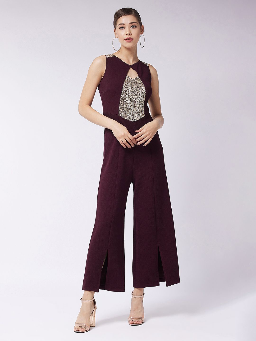 

BAESD Round Neck Sleeveless Panelled Regular Jumpsuit, Purple