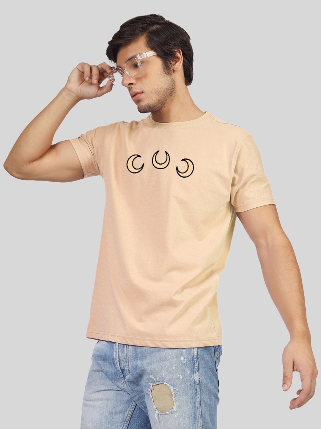 

Greylongg Men Graphic Printed Round Neck Cotton T-shirt, Beige