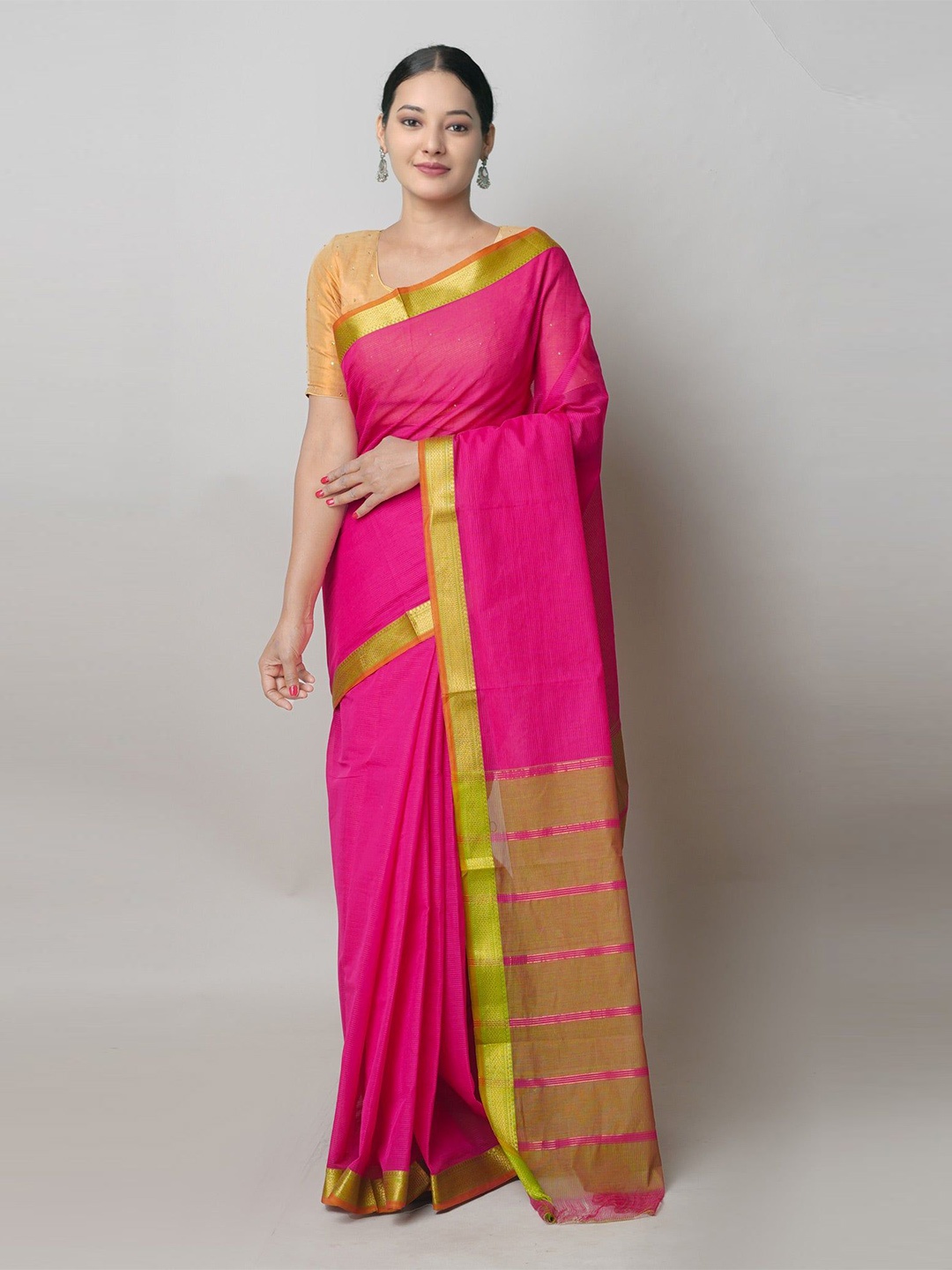 

Unnati Silks Zari Pure Cotton Handloom Mangalagiri Saree, Pink