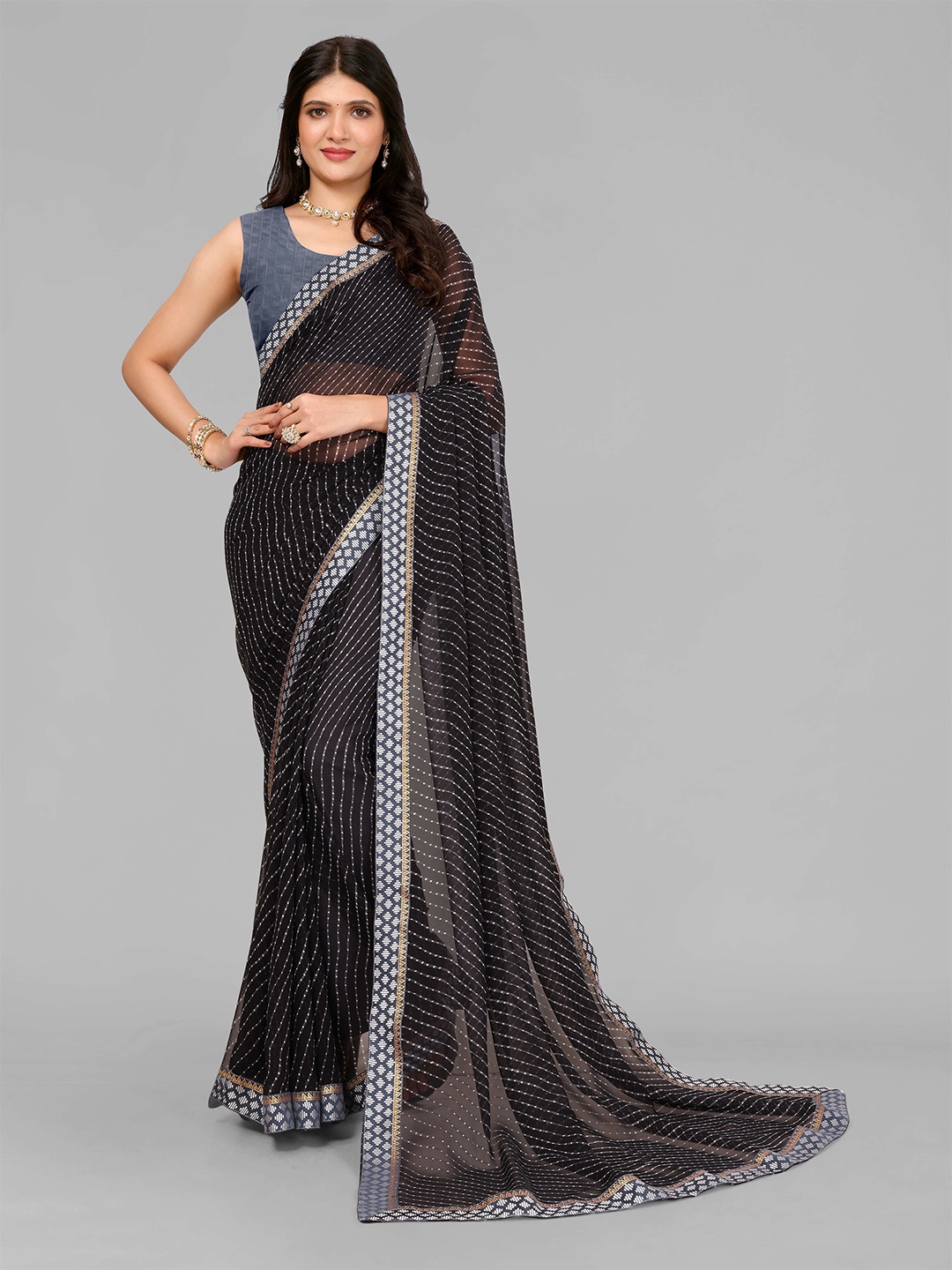 

saretramall Leheriya Pure Georgette Leheriya Saree, Black