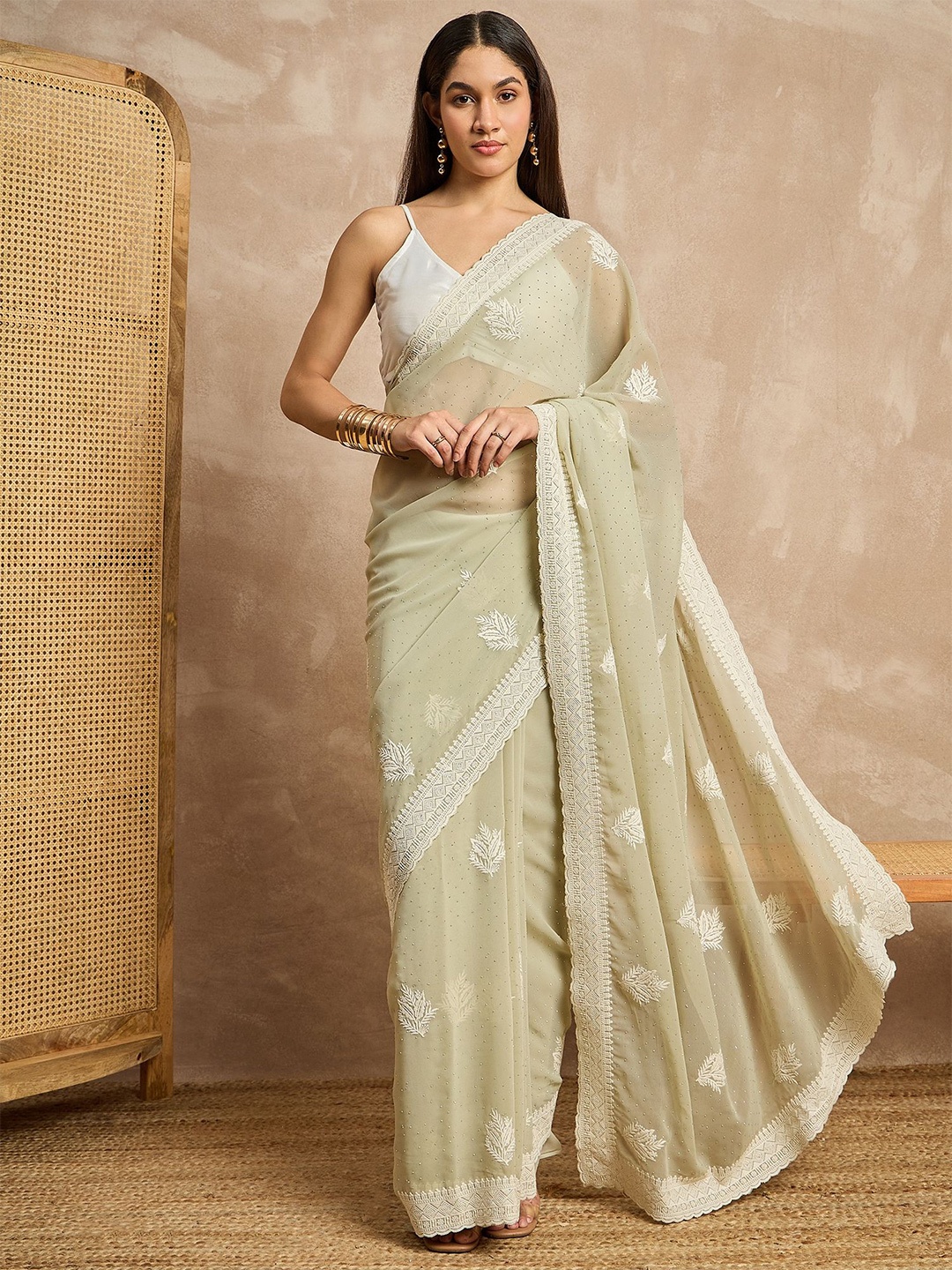 

all about you Embellished Embroidered Pure Georgette Saree, Green