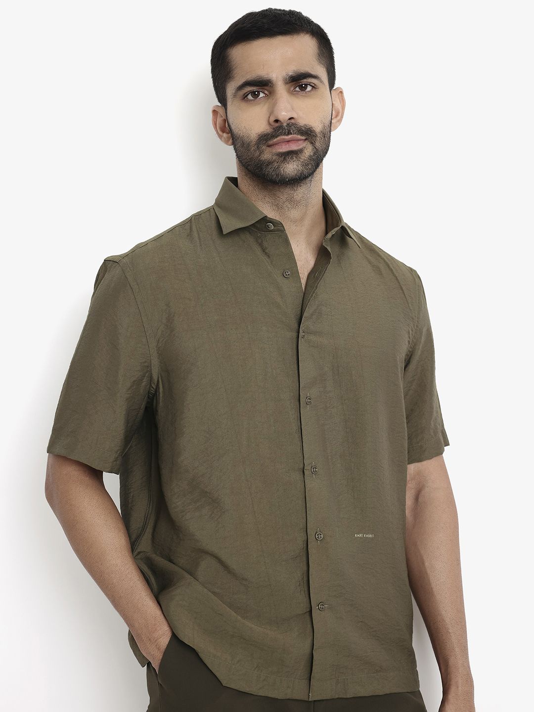 

RARE RABBIT Men Comfort Spread Collar Solid Casual Shirt, Olive
