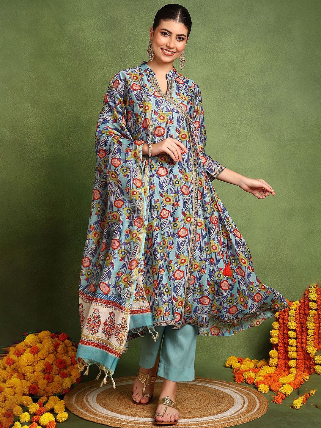 

Tahiliya Floral Printed Chanderi Silk Dupatta, Blue