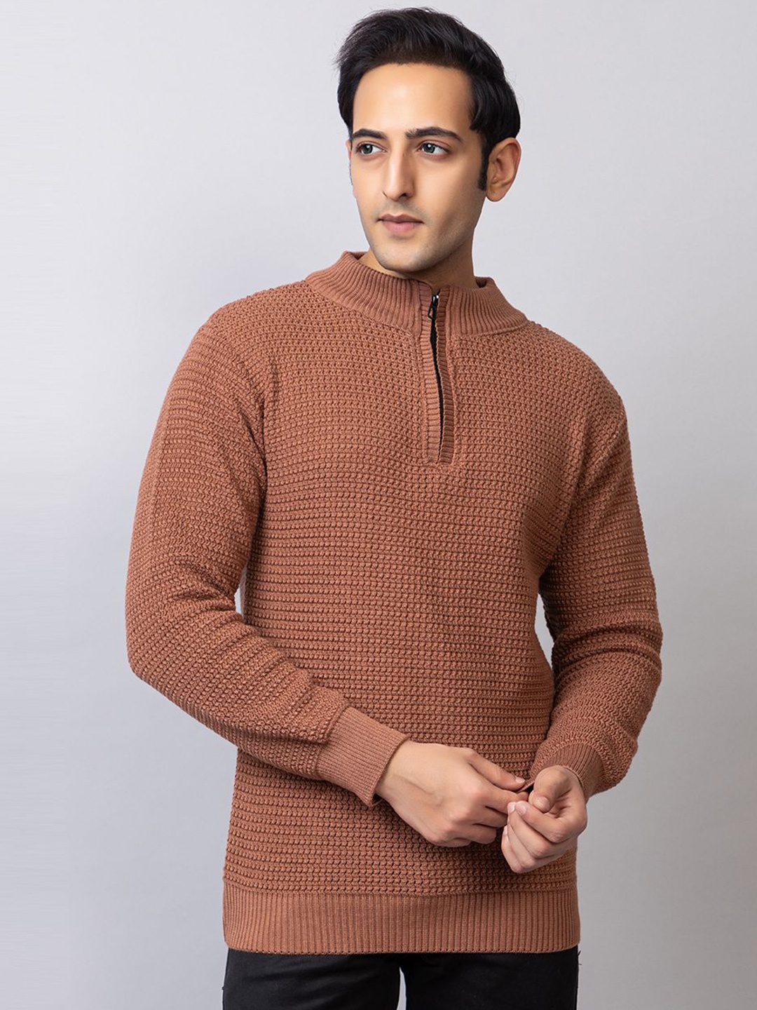 

TYSORT Men Cable Knit Woollen Pullover with Zip Detail Detail, Brown