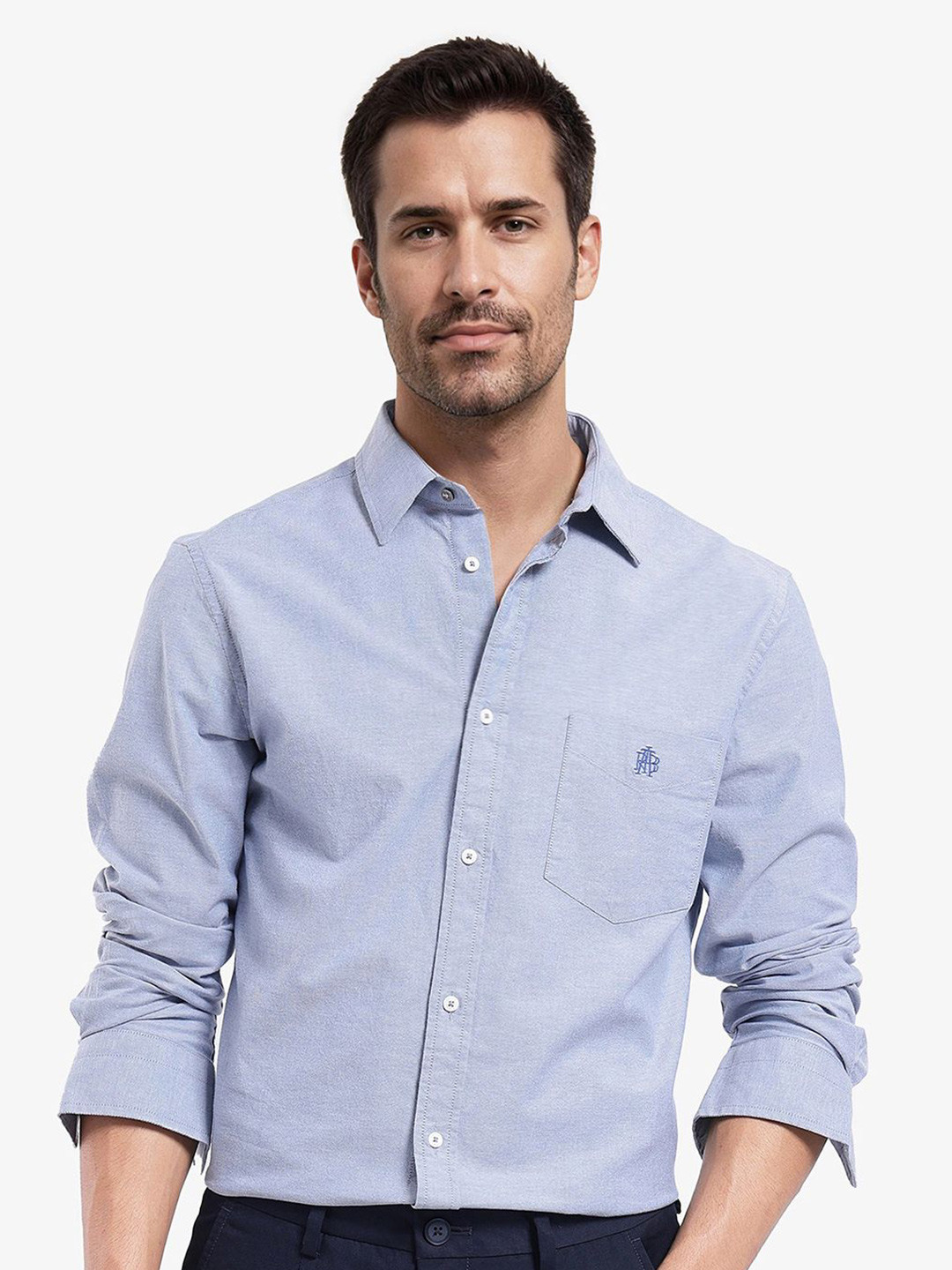 

RARE RABBIT Men Comfort Spread Collar Solid Cotton Casual Shirt, Blue