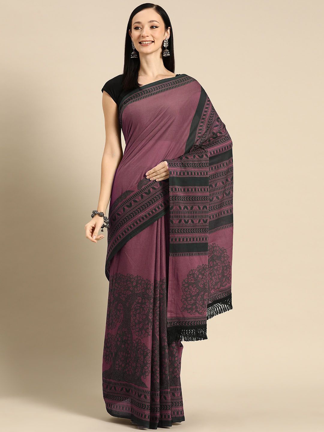 

BUTA BUTI Floral Printed Pure Cotton Saree, Purple
