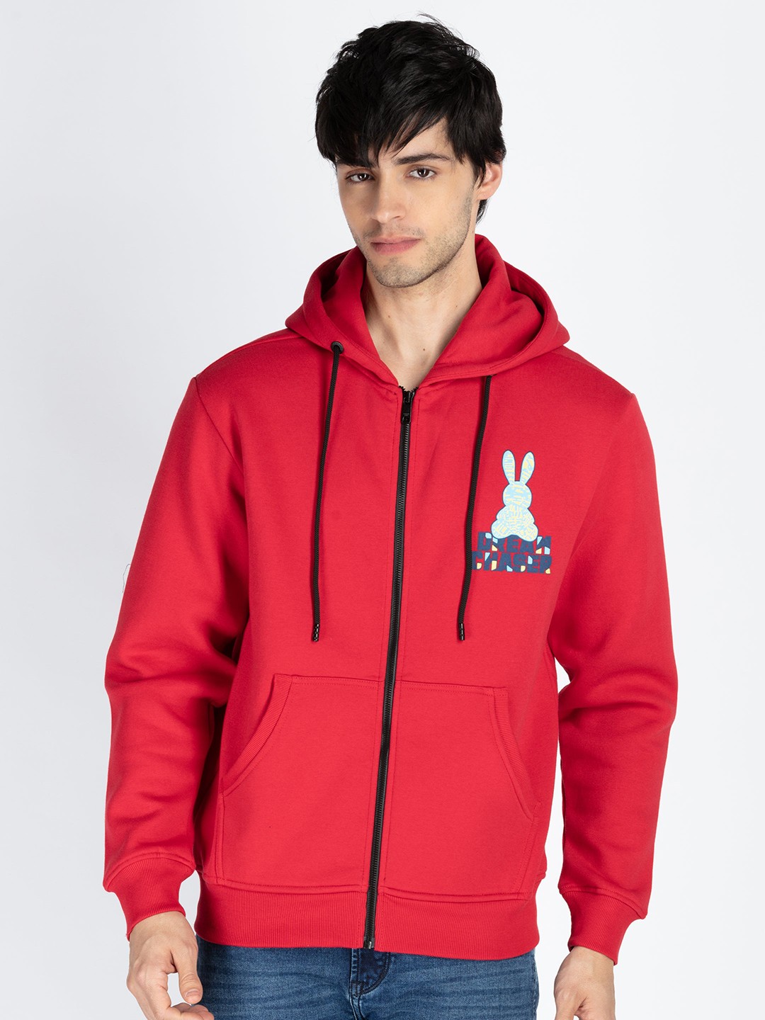 

Status Quo Men Graphic Printed Hooded Front-Open Cotton Sweatshirt, Red