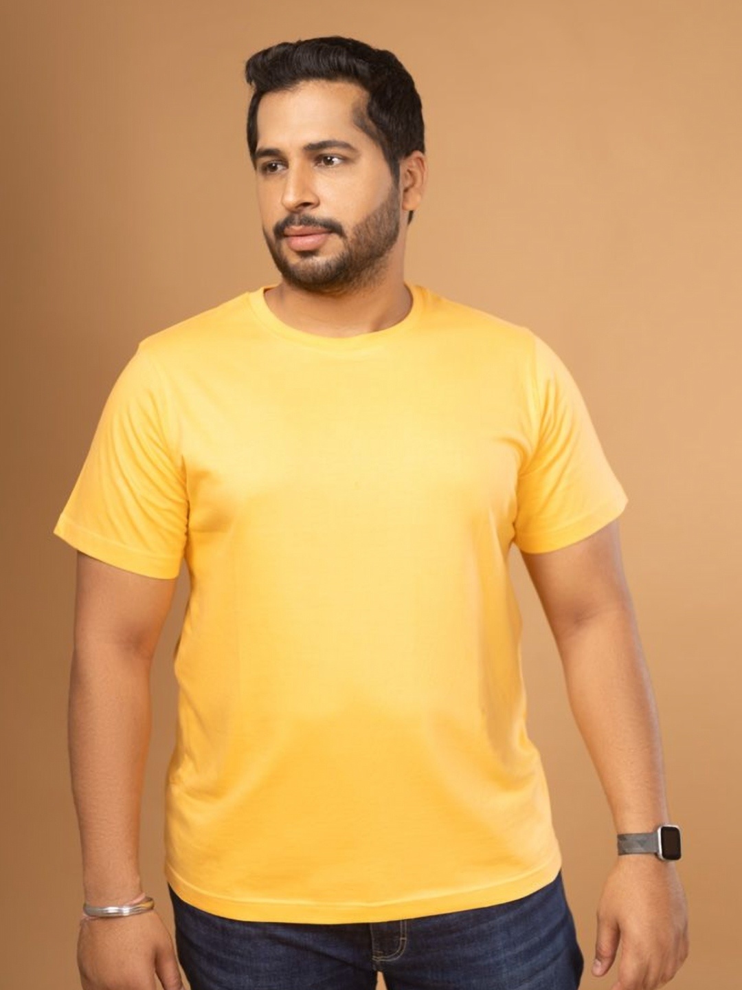 

Sizeupp Men Plus Size Solid Round Neck Cotton T-shirt, Yellow