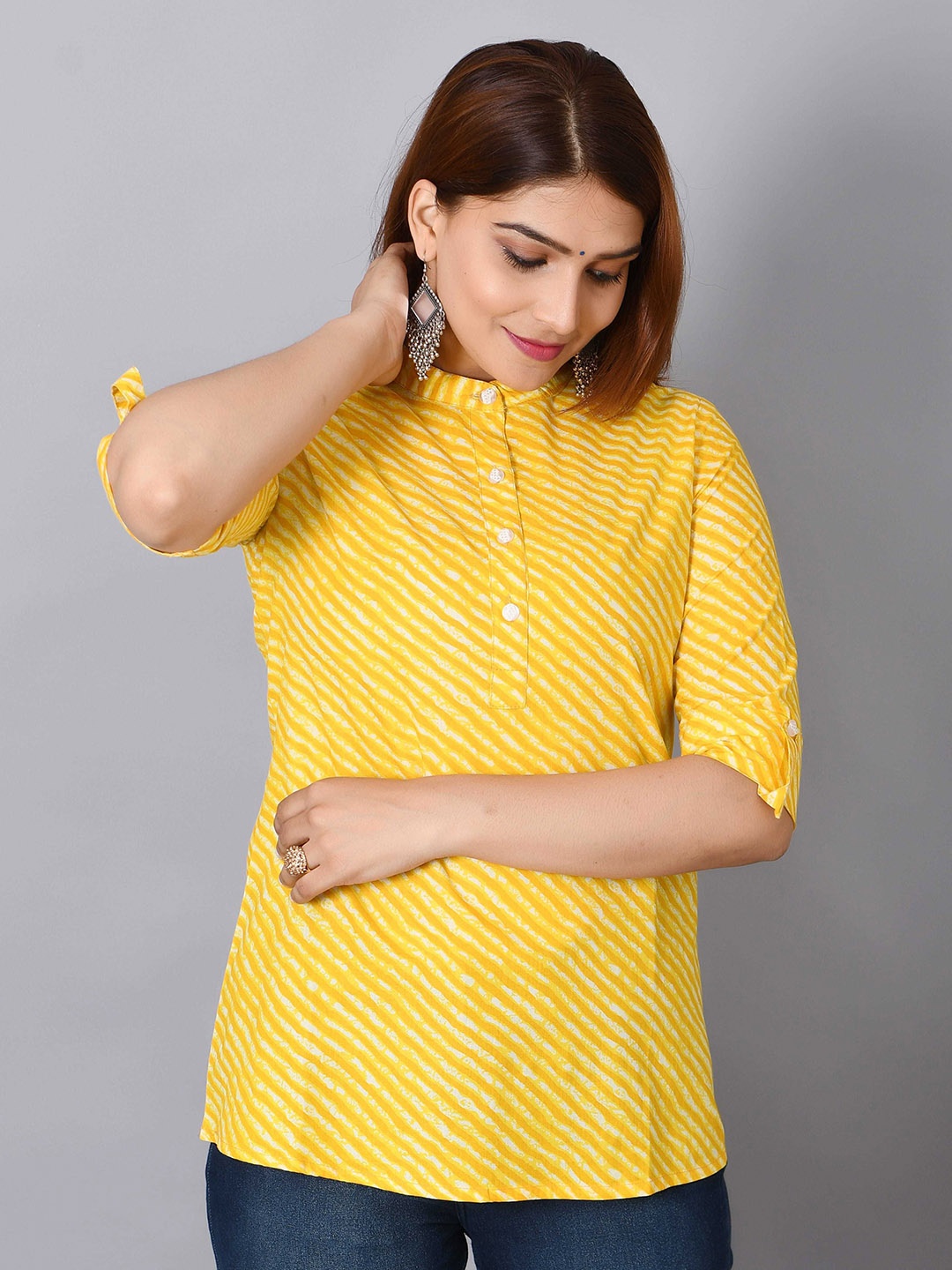 

Cloth Bites Printed Shirt Collar Pure Cotton Kurti, Yellow
