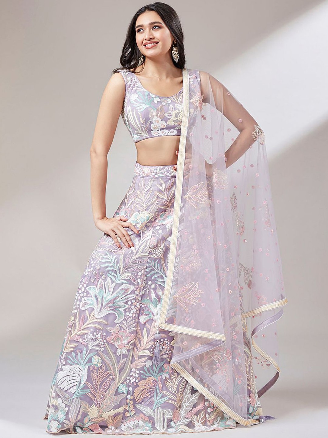 

FABPIXEL Floral Embroidered Sequinned Semi-Stitched Lehenga & Unstitched Blouse & Dupatta, Lavender