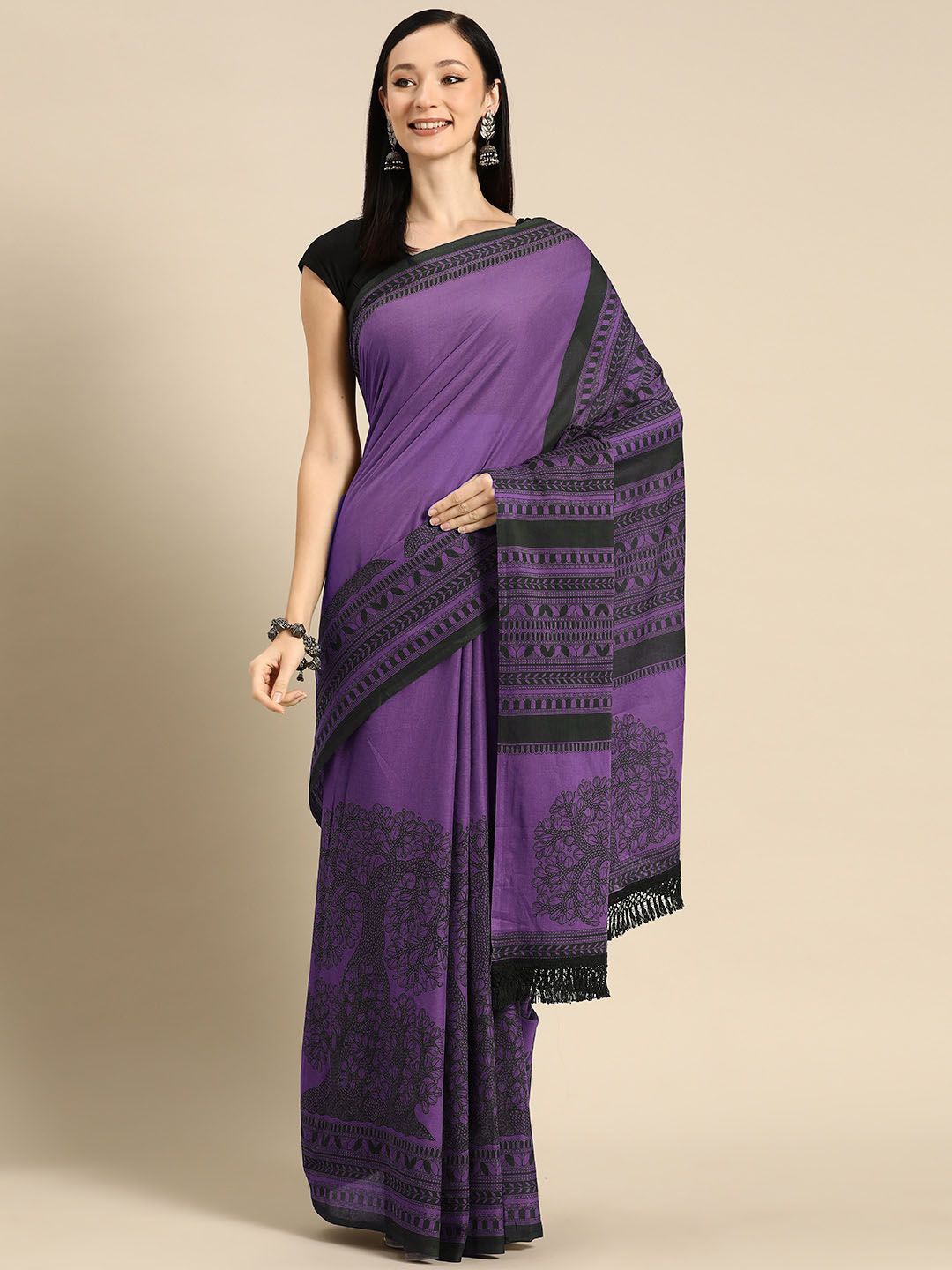 

BUTA BUTI Geometric Printed Pure Cotton Saree, Purple