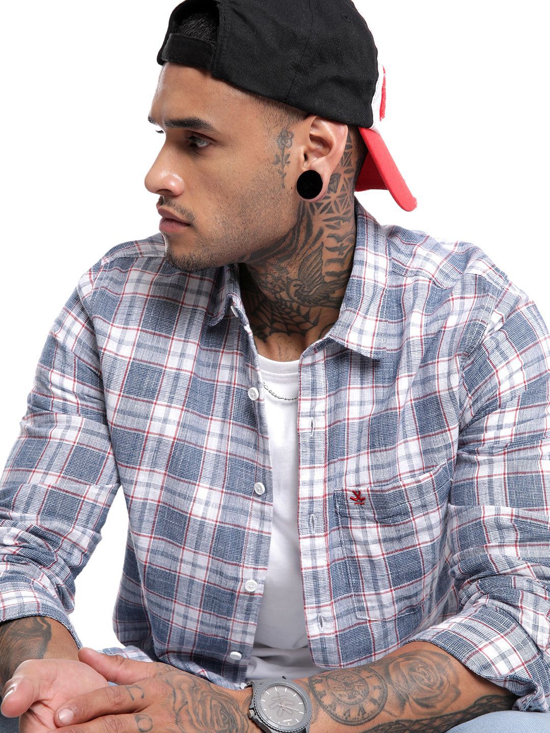 

WROGN Men Spread Collar Tartan Checked Cotton Casual Shirt, Navy blue
