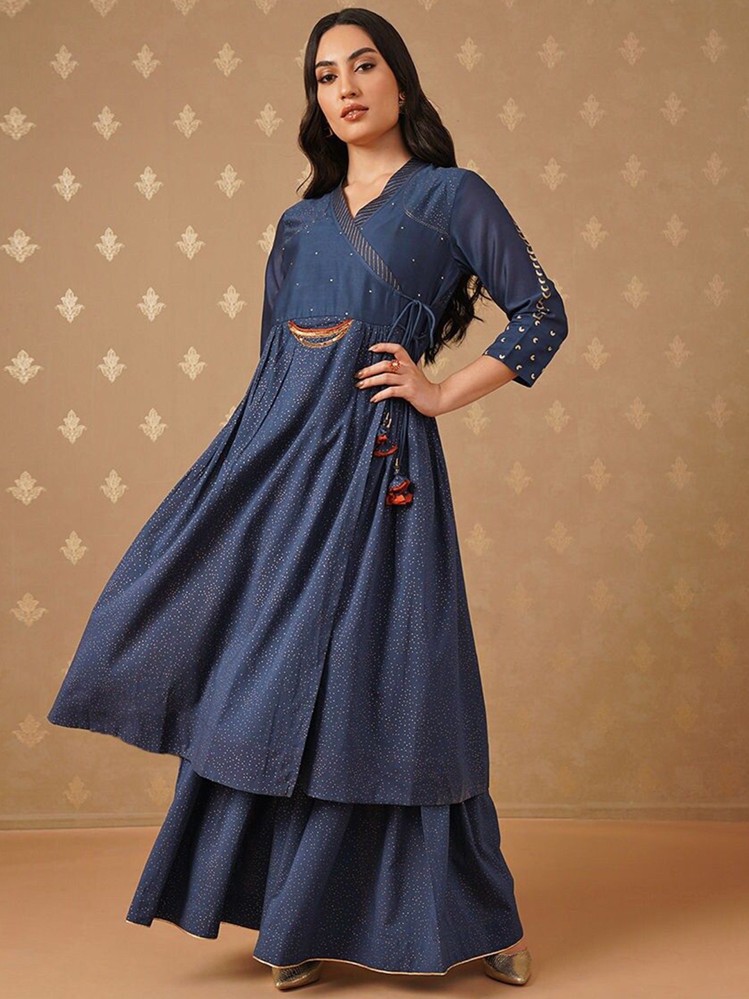 

JAYPORE Geometric Printed Cotton Silk Angrakha Anarkali Kurta, Navy blue