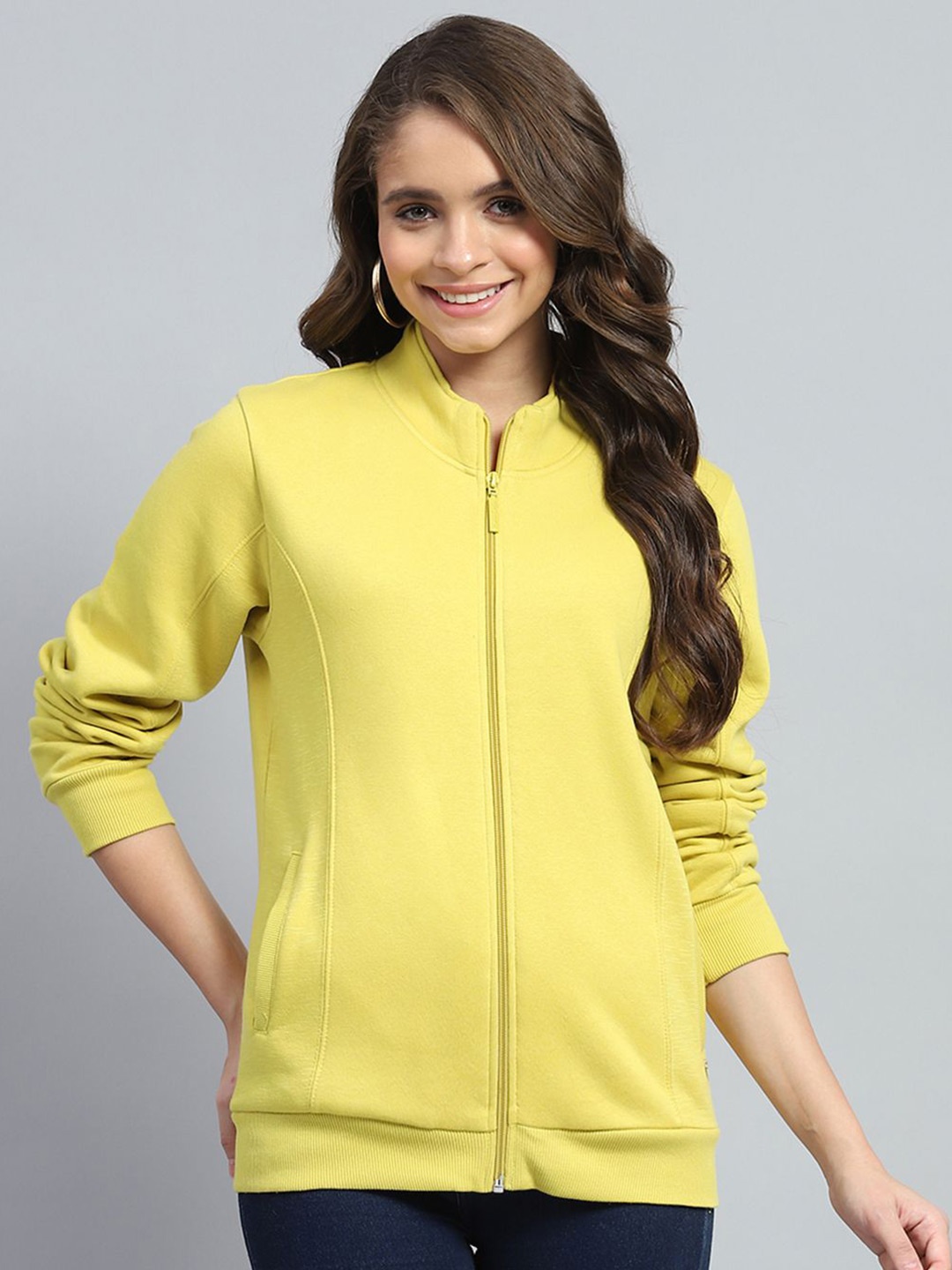 

Monte Carlo Women Cotton Mock Collar Front-Open Sweatshirt, Yellow