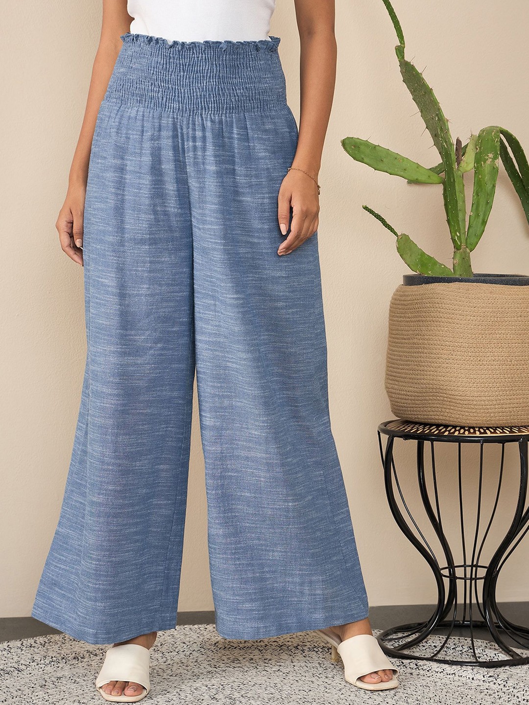 

StyleStone Women Smocked Relaxed Easy Wash Trousers, Blue
