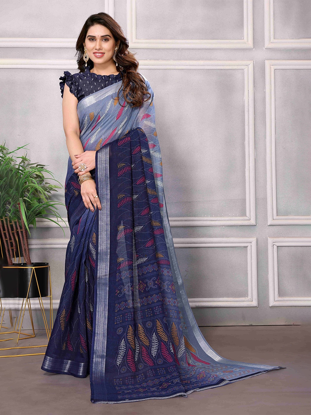 

sareyavella Ethnic Motifs Printed Zari Linen Blend Maheshwari Saree, Blue