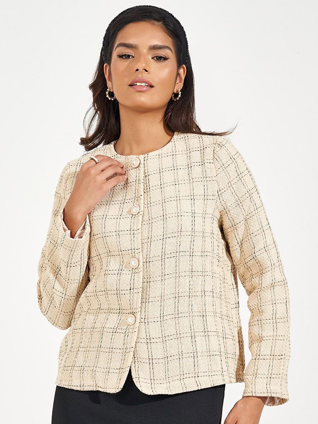 

Women Checked Regular Fit Tweed Jacket, Beige