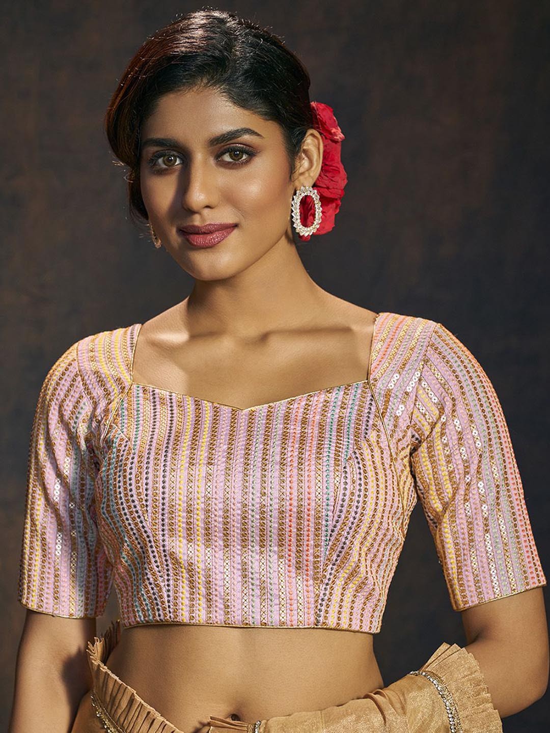 

SALWAR STUDIO Sequined Embellished Silk Padded Saree Blouse, Pink