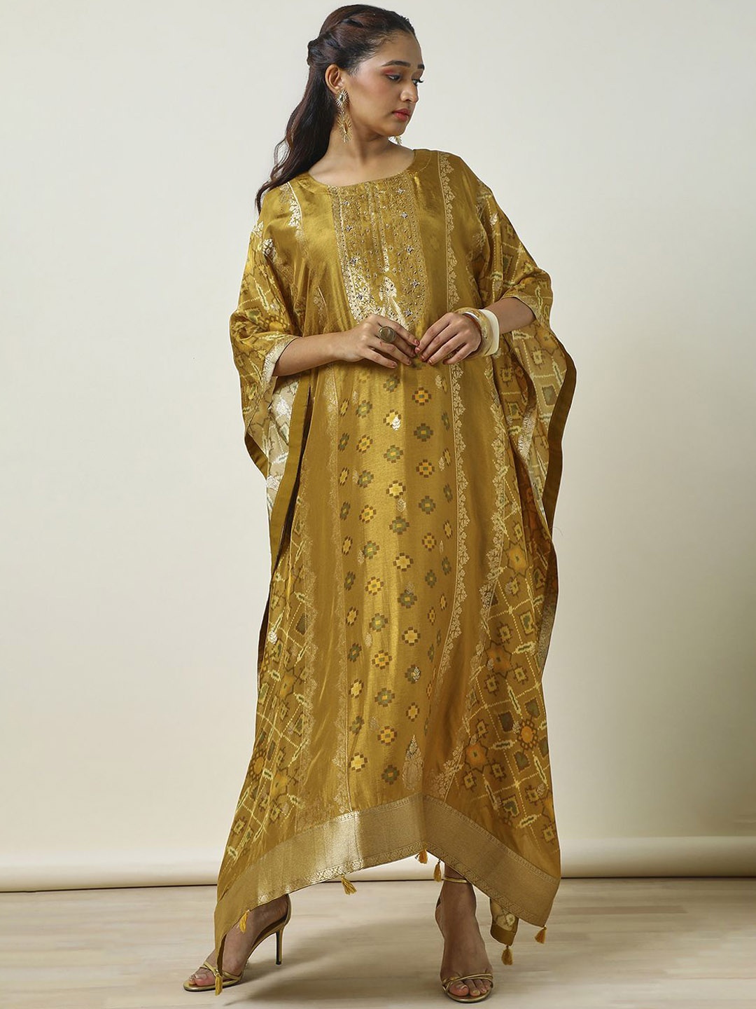 

Soch Women Zari Woven Kaftan Ethnic Dress, Mustard