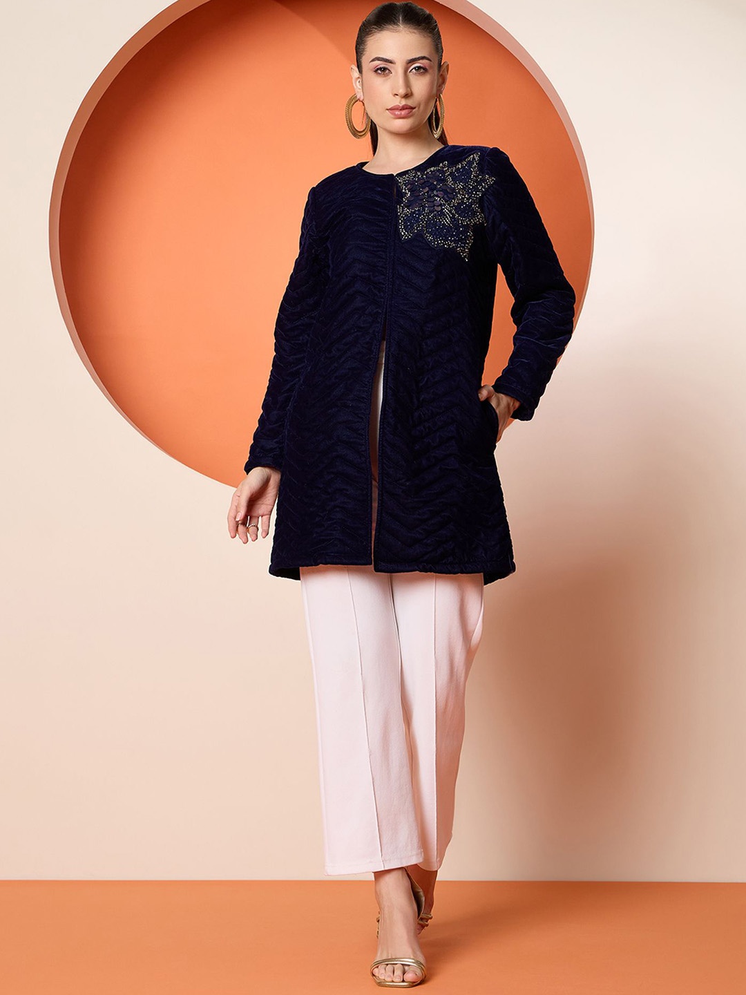 

Antheaa Women Tailored Quilted Embroidered Velvet Jacket, Blue