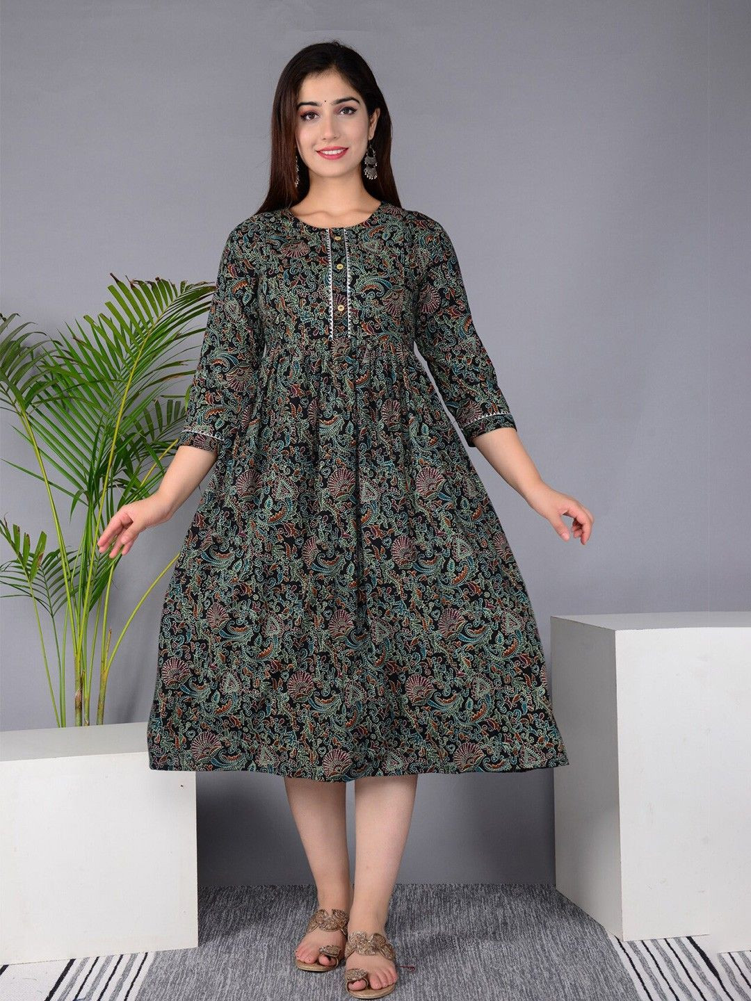 

Badrika Ethnic Motifs Print Maternity Fit & Flare Midi Dress, Black