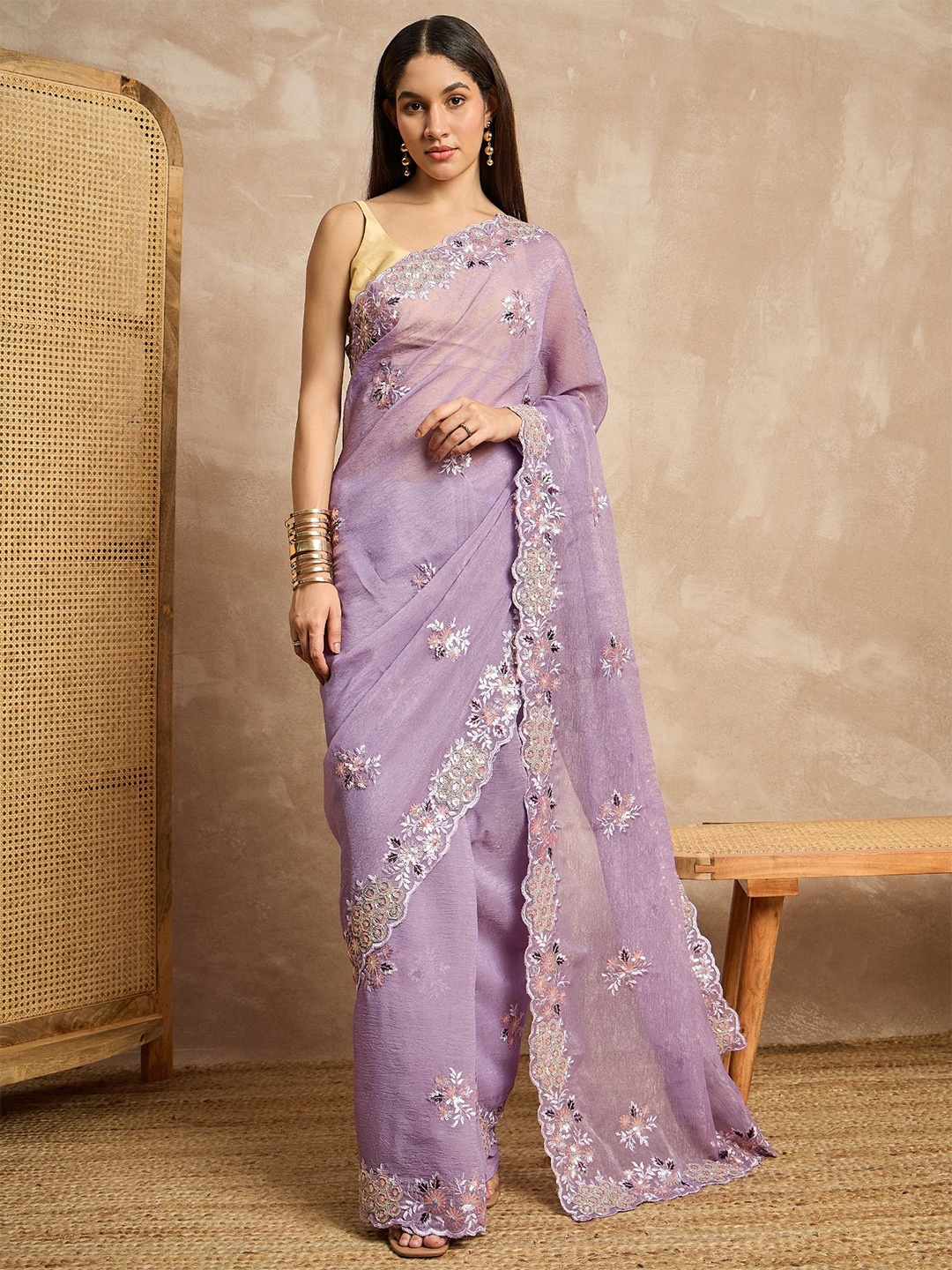 

all about you Floral Embroidered Sequinned Celebrity Saree, Purple