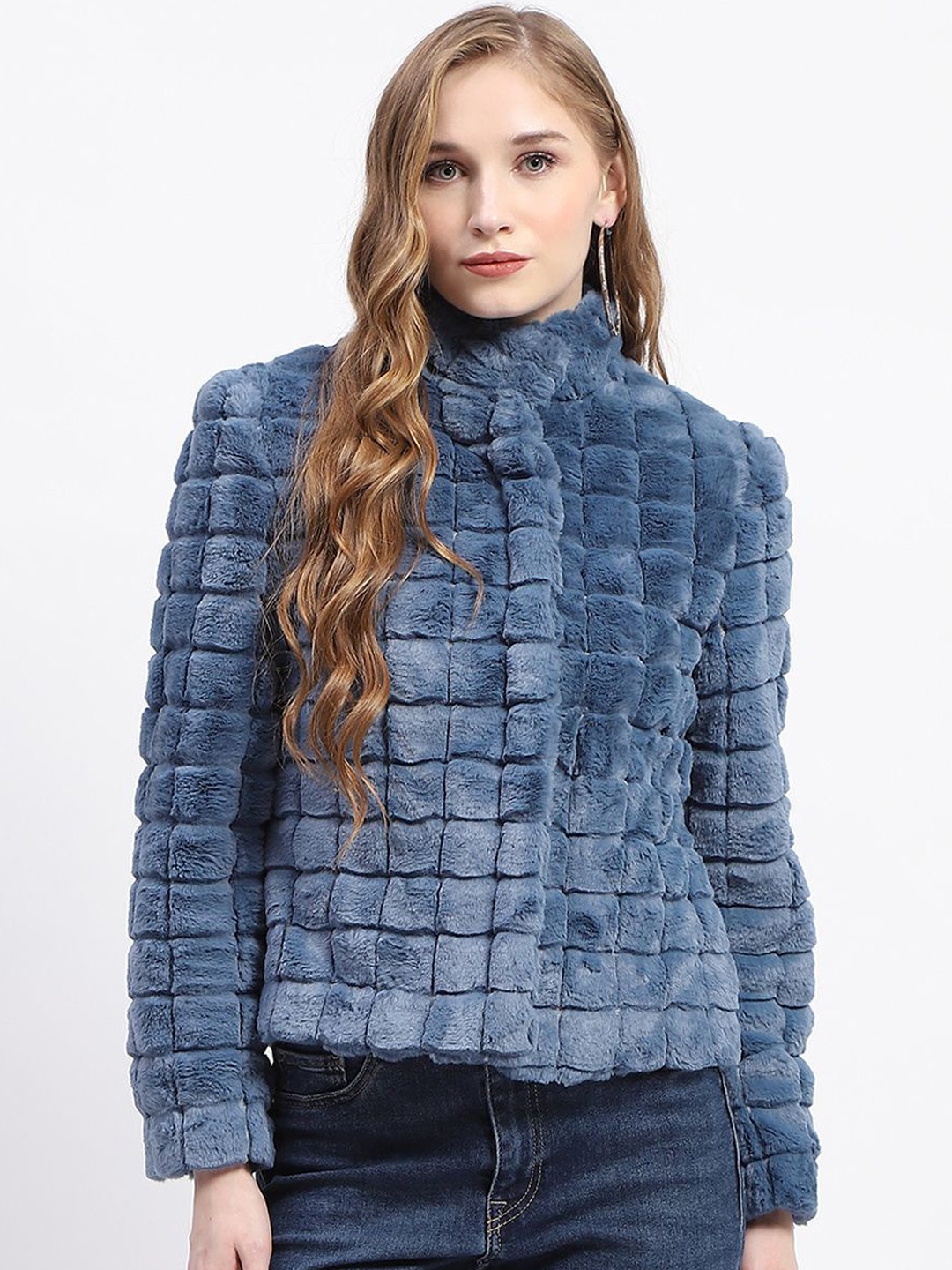 

Madame Women Self Design Single-Breasted Short Coat, Blue