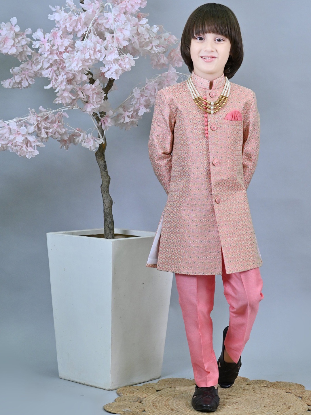 

ahhaaaa Boys Embroidered Indo-Western Sherwani Set, Pink