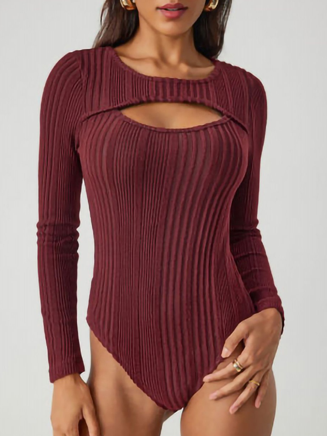 

StyleCast x Revolte Women Round Neck Long Sleeve Bodysuit, Maroon